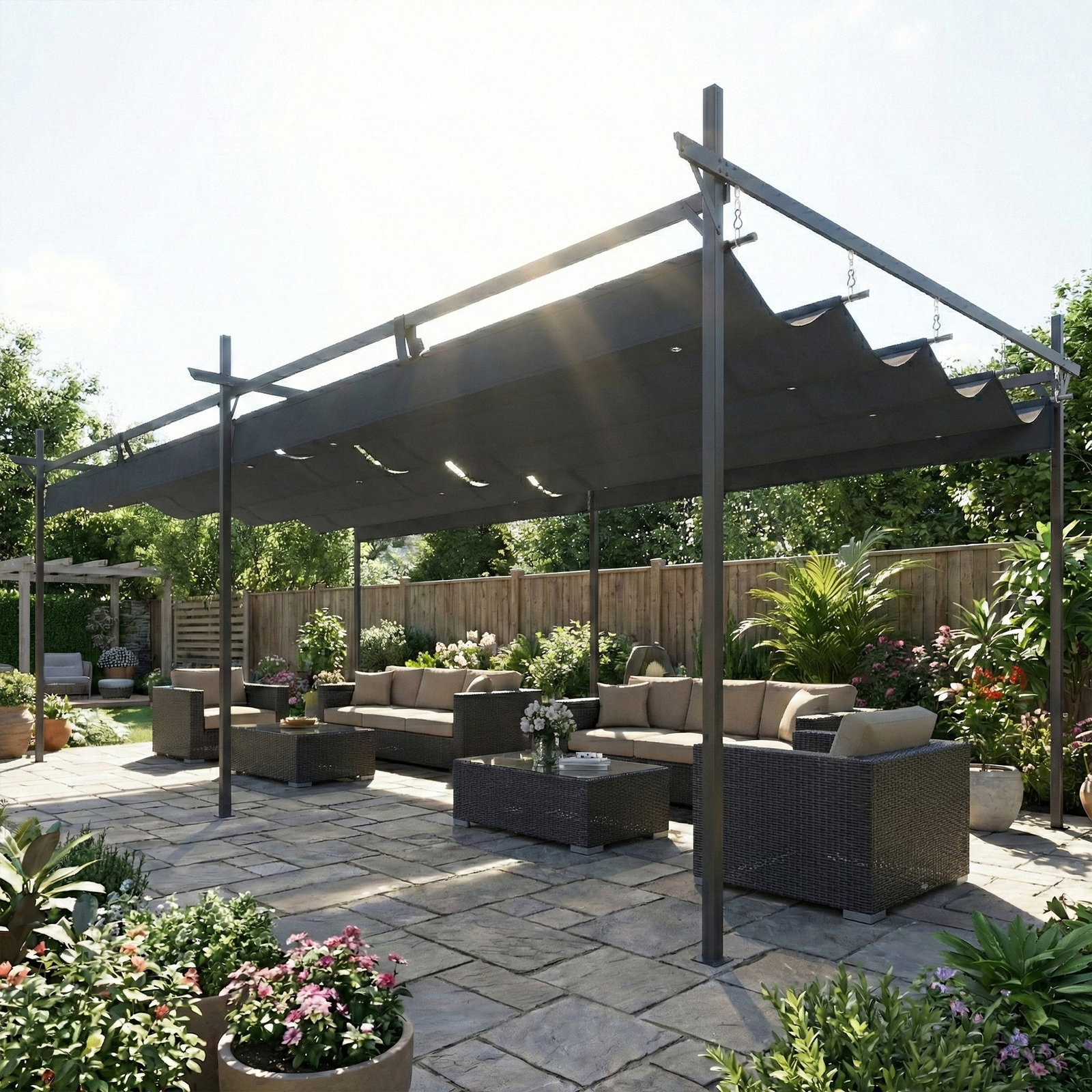 Pérgola com teto retrátil de alumínio 588x297x230 cm pérgola com tecido de poliéster anti UV pérgola de jardim cinzento escuro