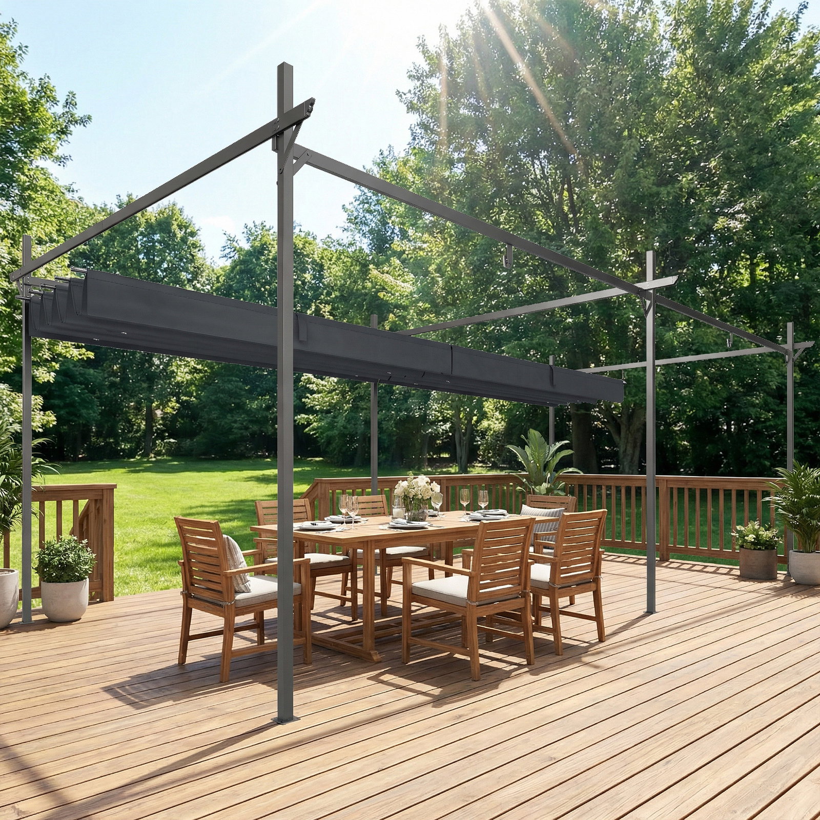 Pérgola com teto retrátil de alumínio 588x297x230 cm pérgola com tecido de poliéster anti UV pérgola de jardim cinzento escuro
