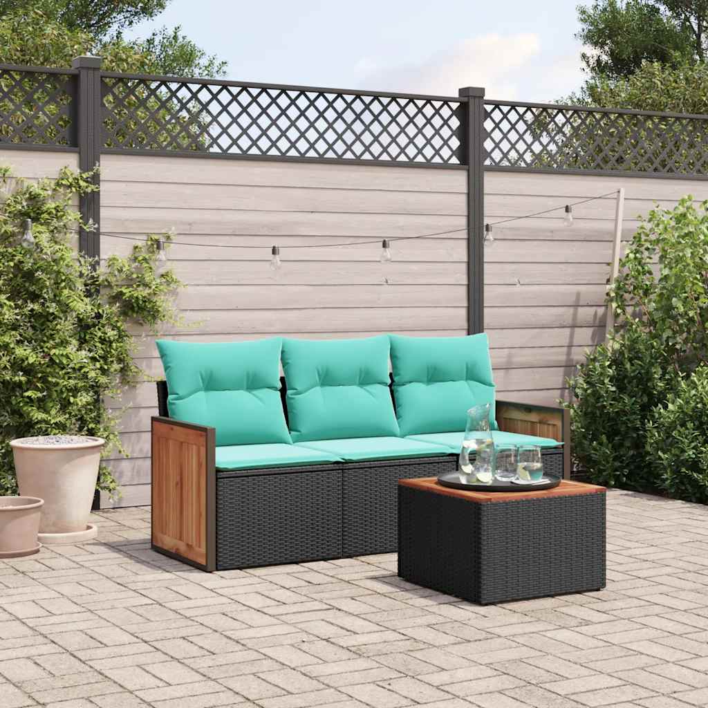 Conjunto de sofá de jardim com 4 peças e almofadas em rattan sintético preto