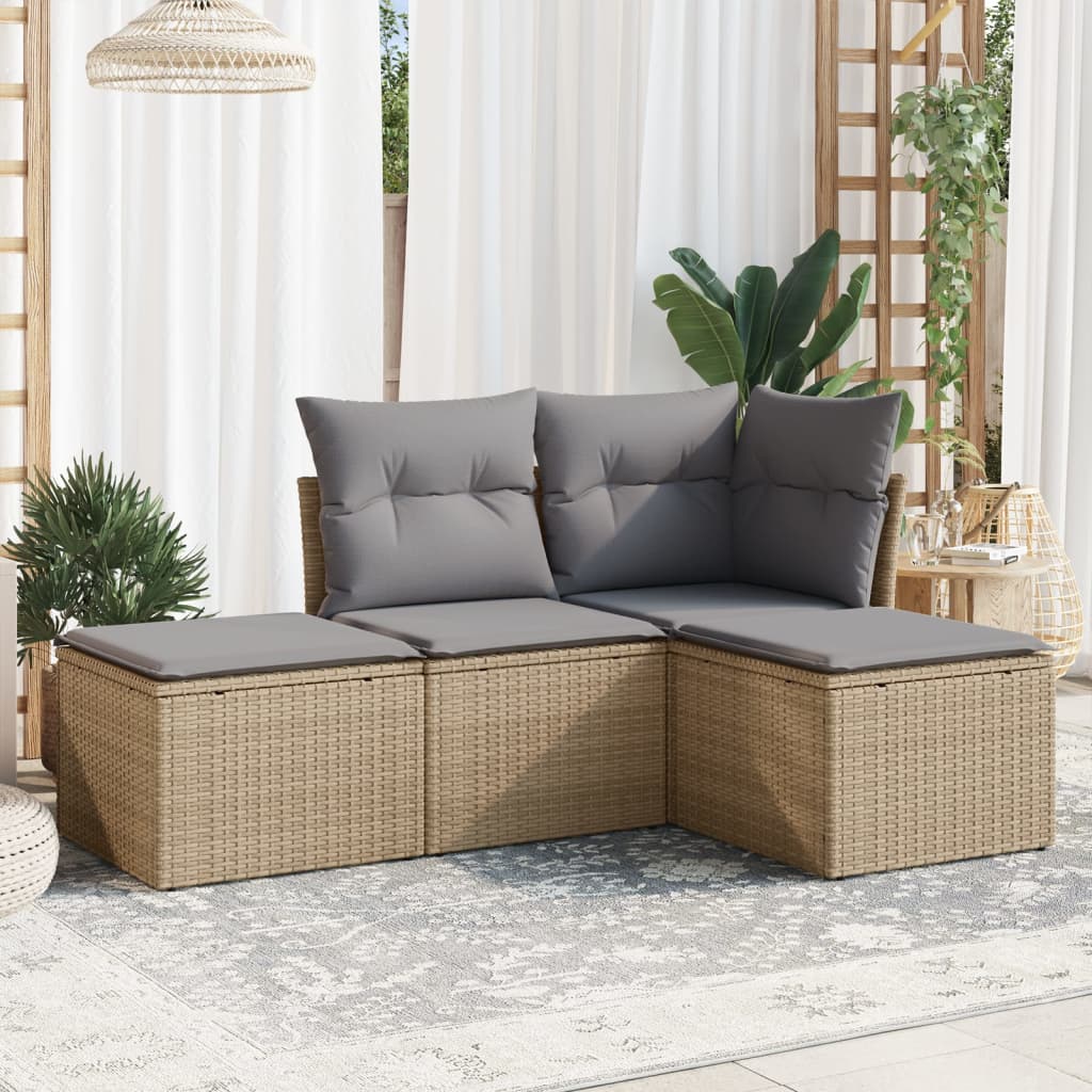 4 Pcs conjunto de sofás para jardim c/ almofadões vime PE bege