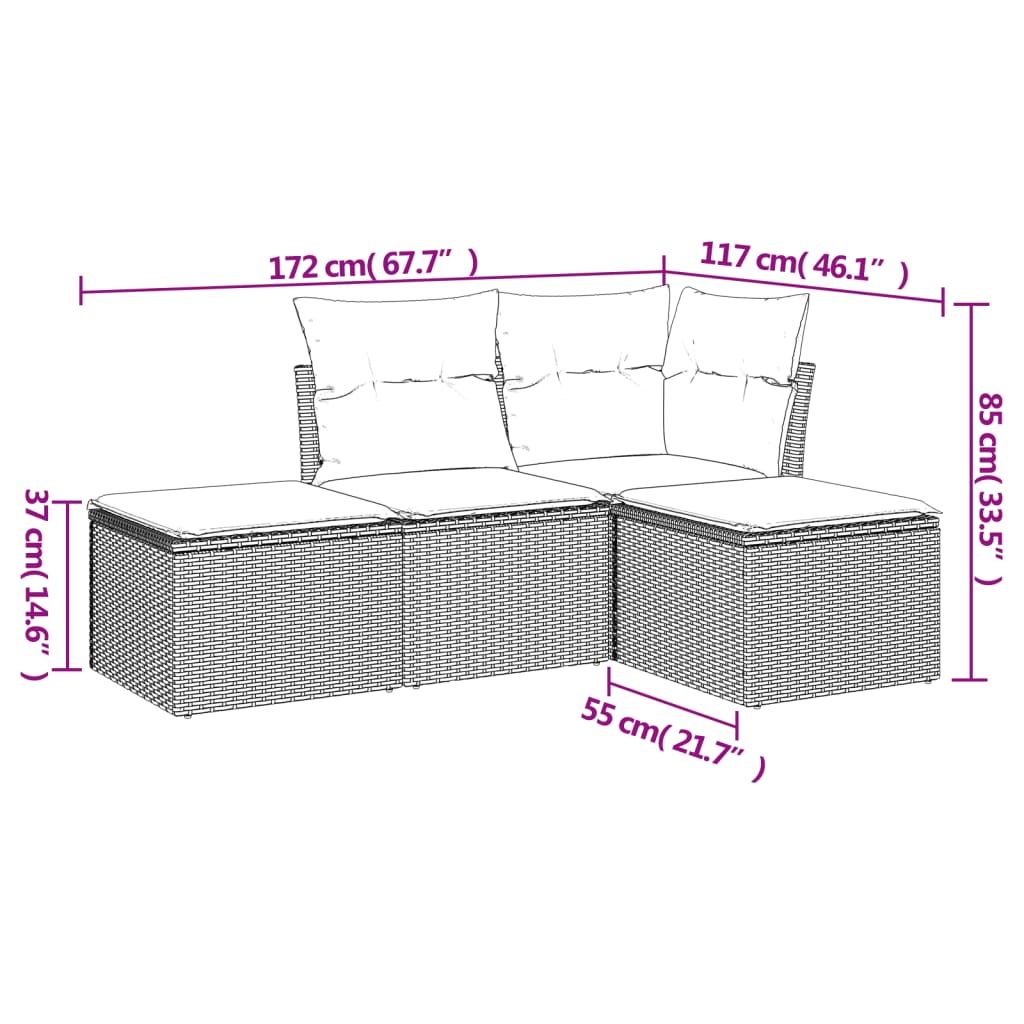 4 Pcs conjunto de sofás para jardim c/ almofadões vime PE bege