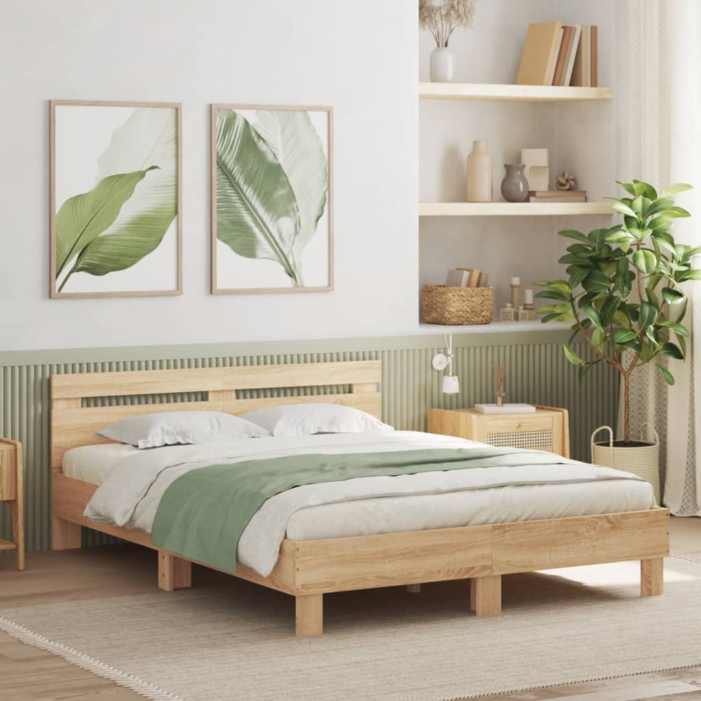 Estrutura cama c/ cabeceira/luzes LED 140x190cm carvalho sonoma