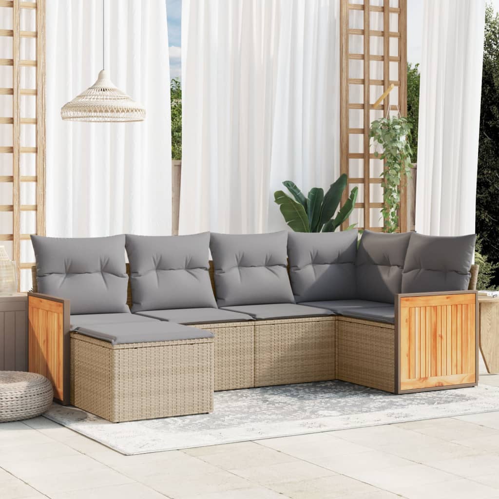6 Pcs conjunto de sofás p/ jardim com almofadões vime PE bege