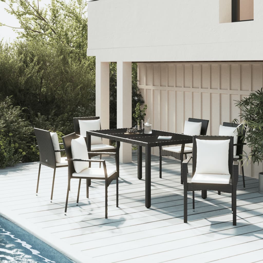 7 Pcs conjunto de jantar p/ jardim c/ almofadões vime PE preto