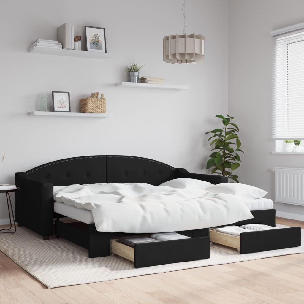 Sofá-cama com gavetão e gavetas 90x190 cm tecido preto