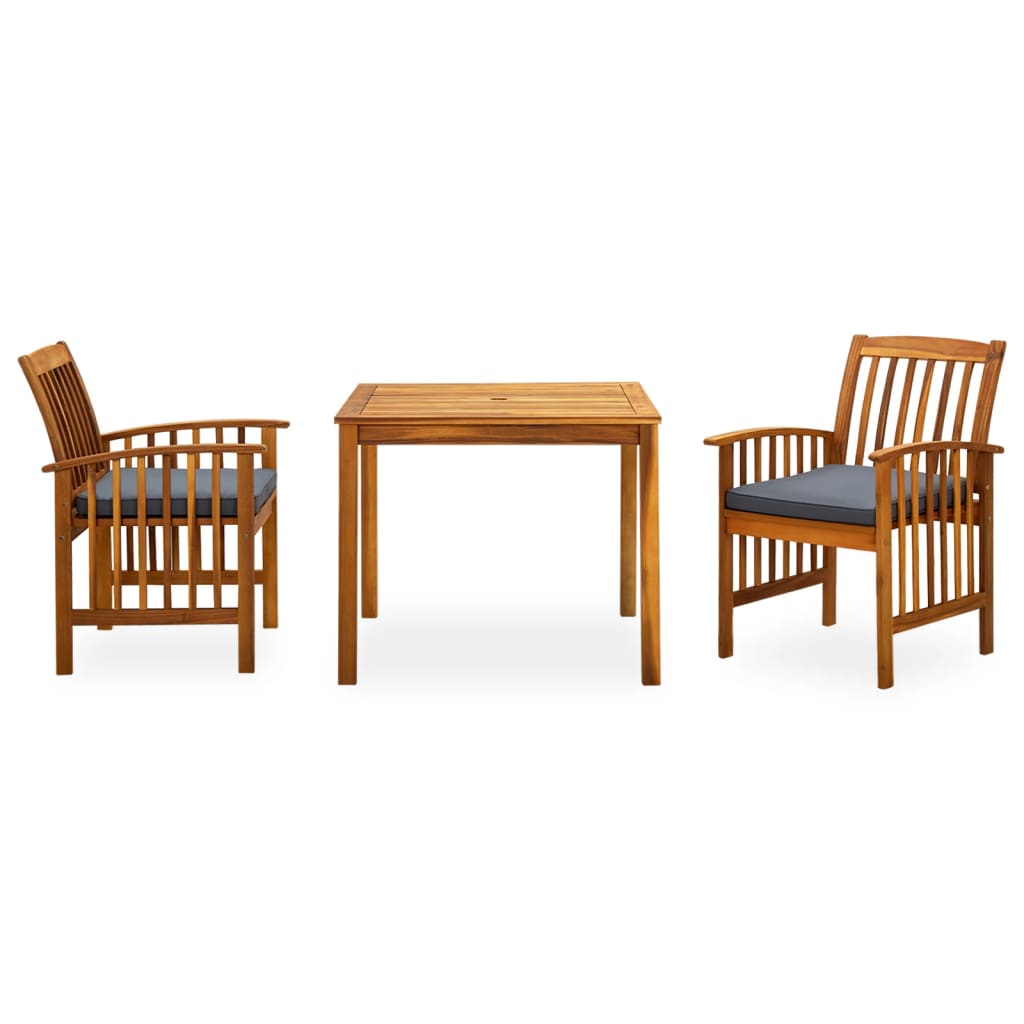 3 Pcs conjunto de jantar p/ jardim c/ almofadões acácia maciça