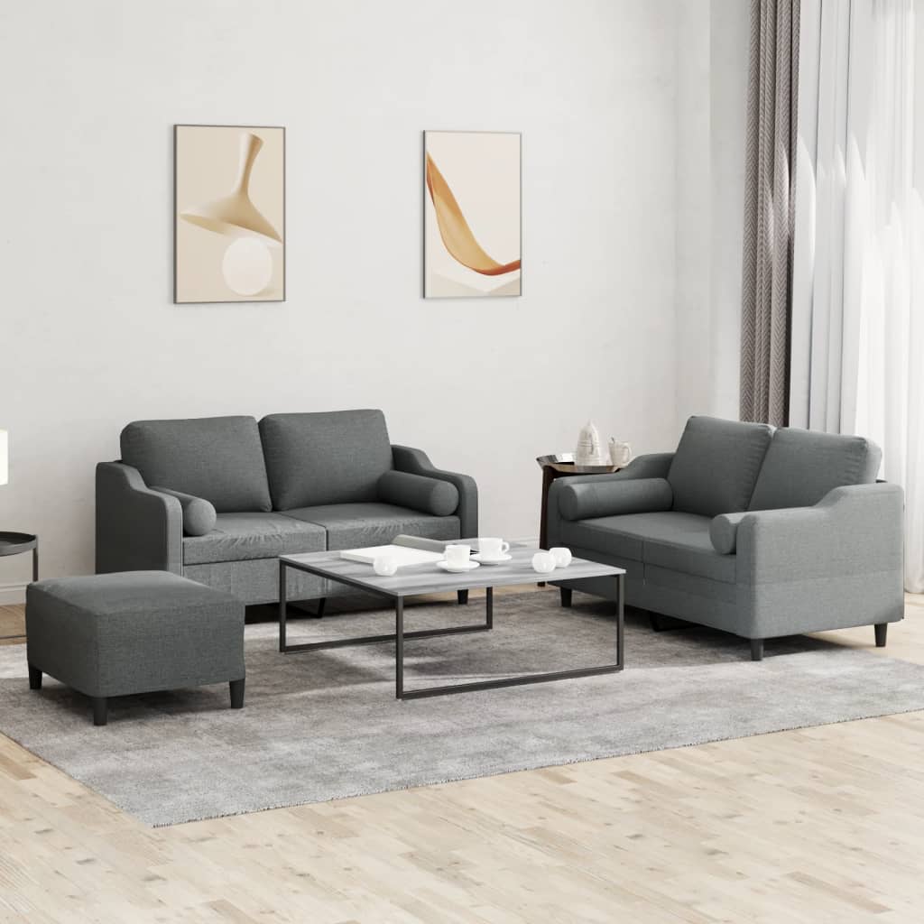 3 Pcs conjunto de sofás com almofadas tecido cinzento-escuro