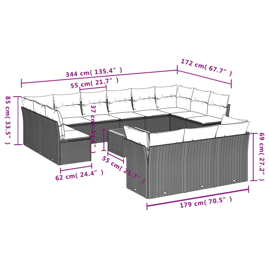 14 Pcs conjunto de sofás p/ jardim com almofadões vime PE bege