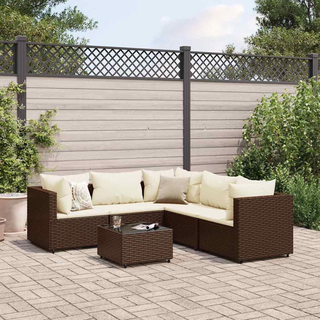 6 Pcs conj. lounge jardim c/ almofadões 6 pcs vime PE castanho