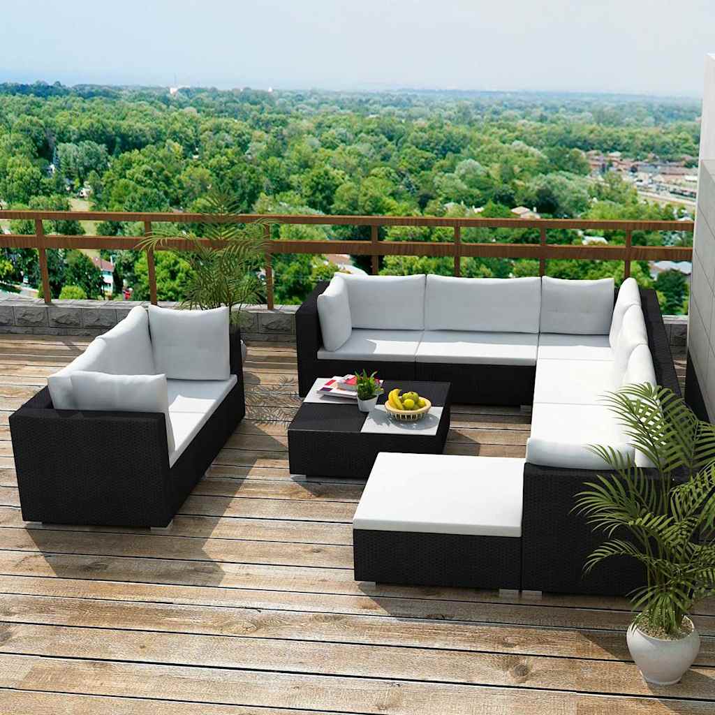 10 Pcs conjunto lounge de jardim c/ almofadões vime PE preto