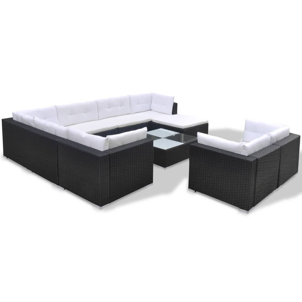 10 Pcs conjunto lounge de jardim c/ almofadões vime PE preto