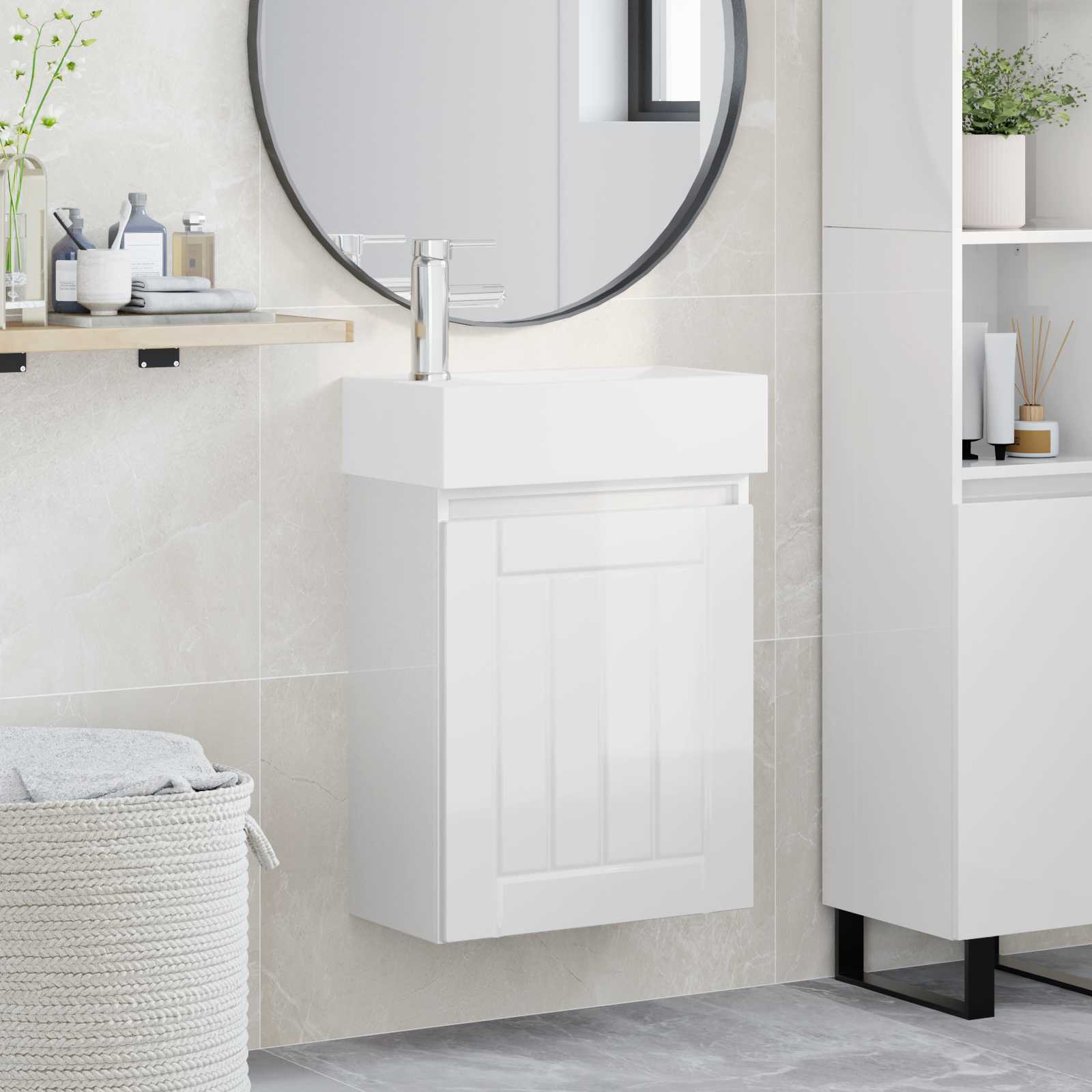 Conjunto de móveis de banheiro com torneira branco brilhante