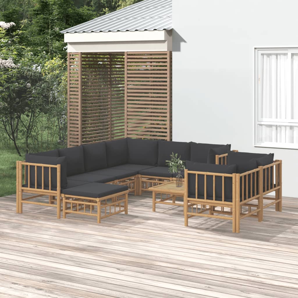 10 Pcs conj. lounge de jardim bambu c/ almofadões cinza-escuros