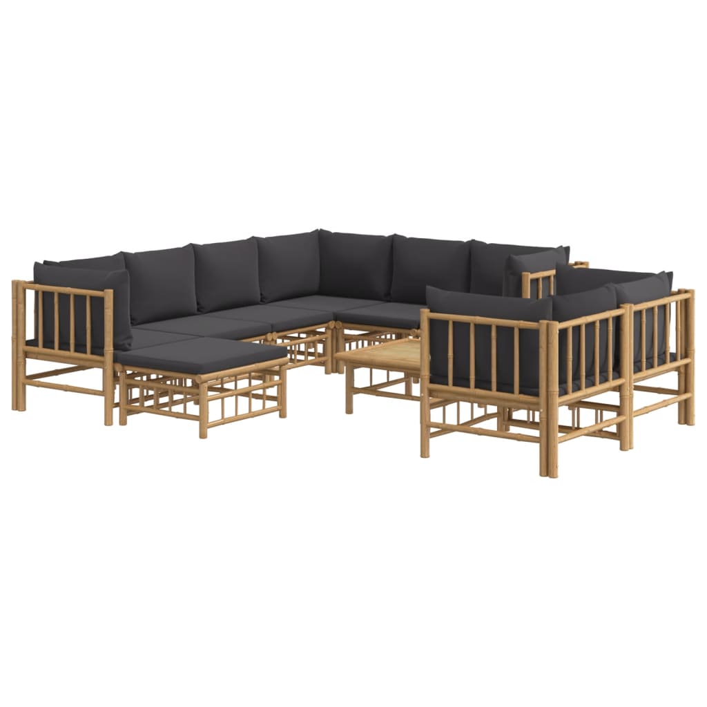 10 Pcs conj. lounge de jardim bambu c/ almofadões cinza-escuros
