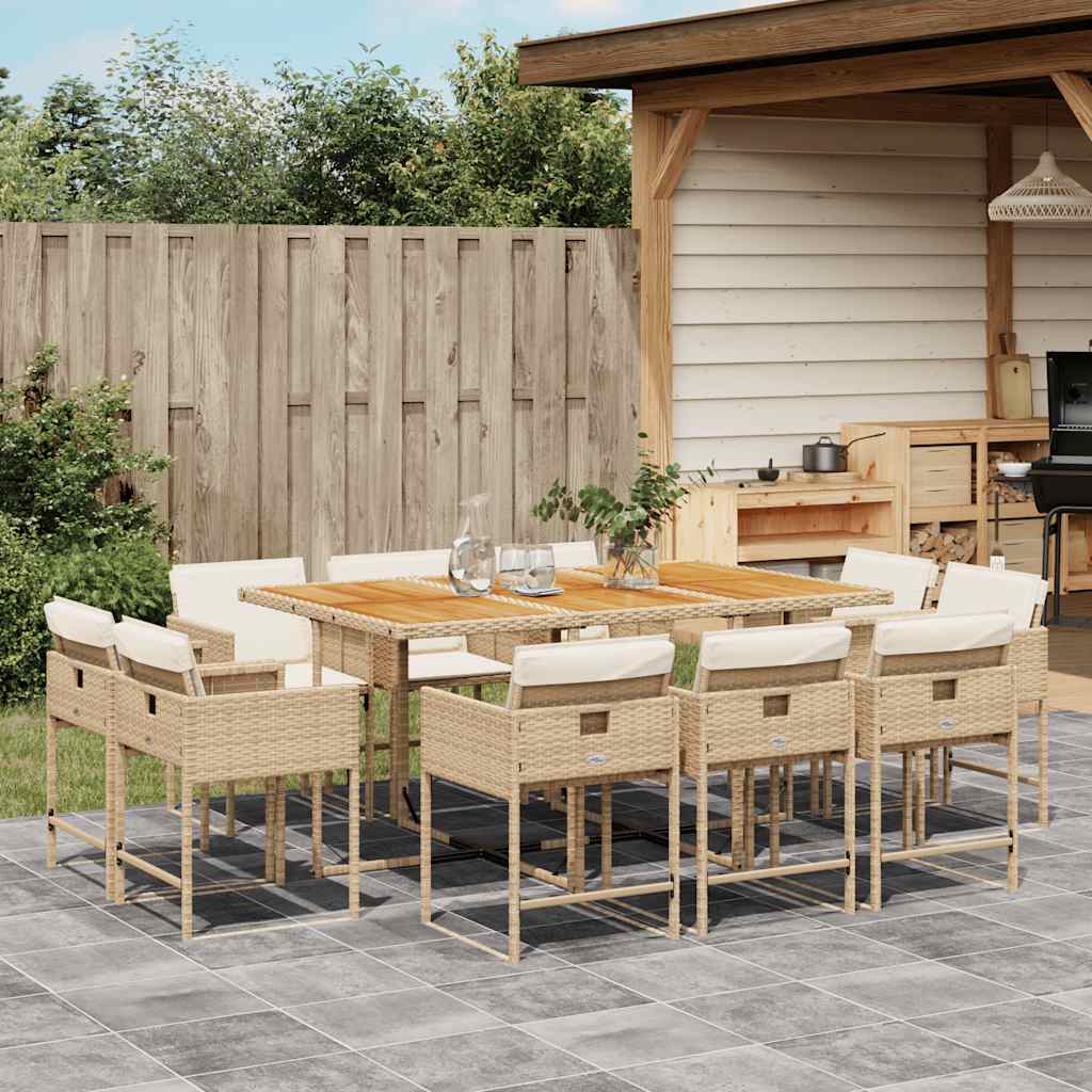 11 Pcs conjunto de jantar p/ jardim com almofadões vime PE bege