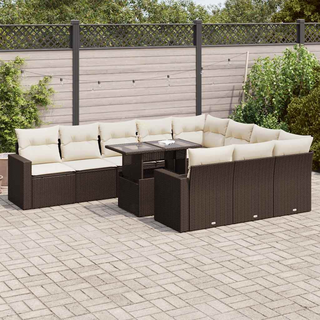 11 Pcs conjunto sofás de jardim c/ almofadões vime PE castanho