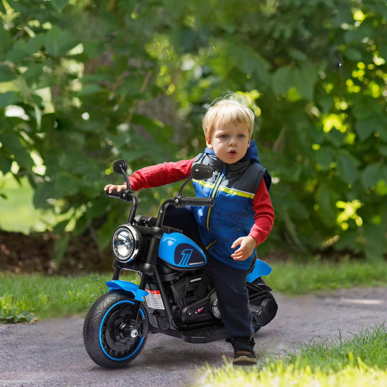 Motocicleta elétrica para crianças de 18-36 meses com bateria 6v farol e rodas auxiliares removíveis 76x42x57 cm azul