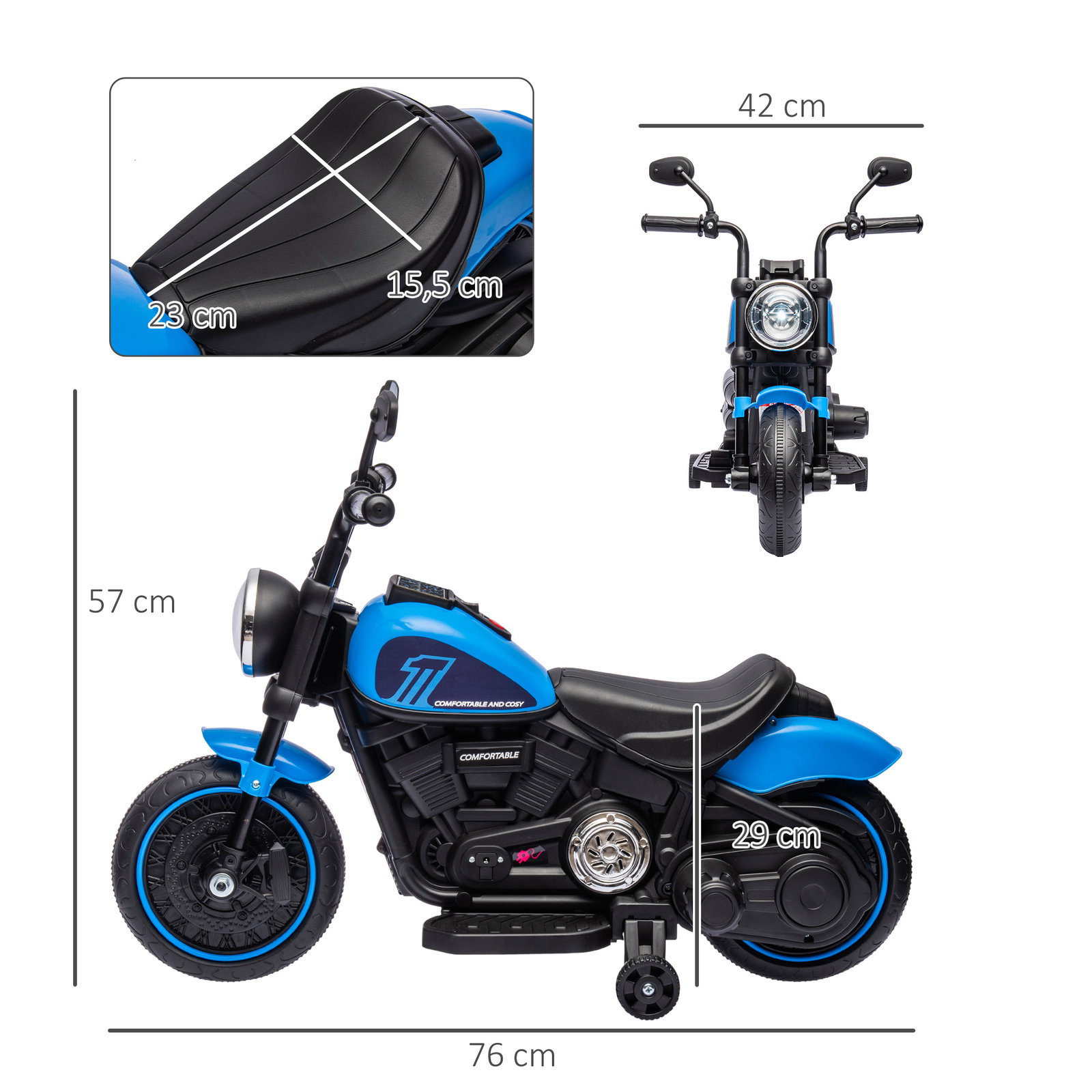 Motocicleta elétrica para crianças de 18-36 meses com bateria 6v farol e rodas auxiliares removíveis 76x42x57 cm azul