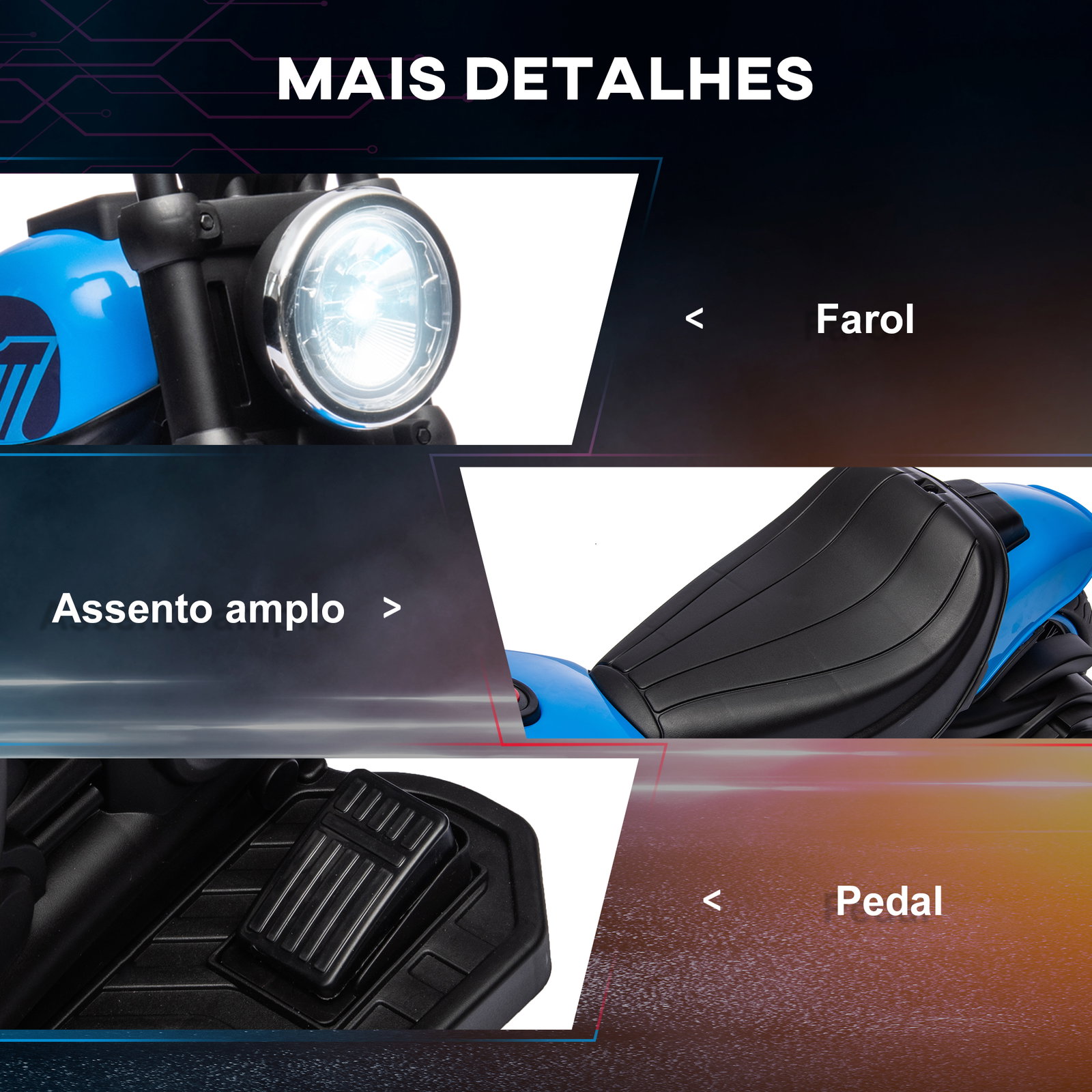 Motocicleta elétrica para crianças de 18-36 meses com bateria 6v farol e rodas auxiliares removíveis 76x42x57 cm azul