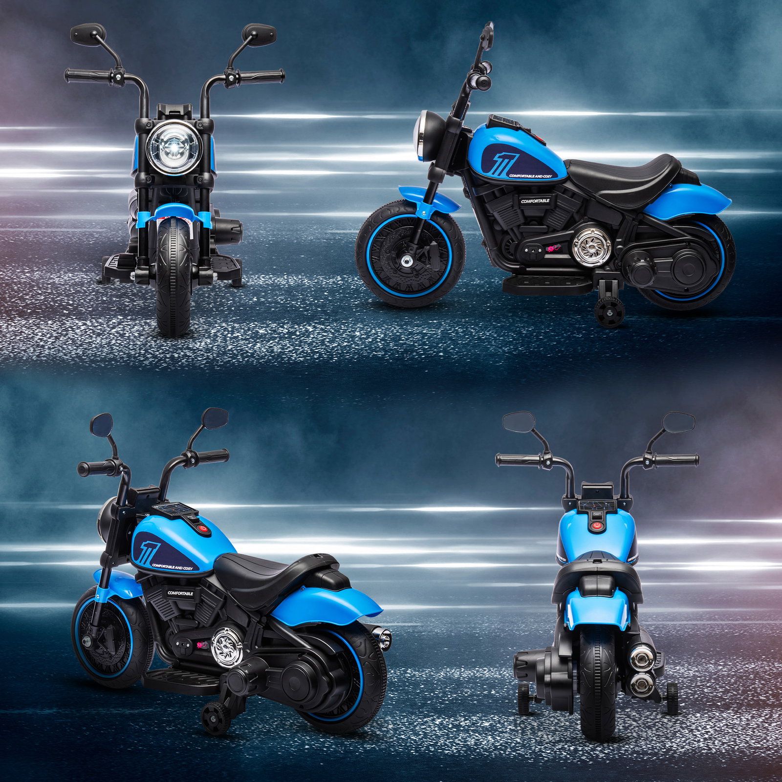 Motocicleta elétrica para crianças de 18-36 meses com bateria 6v farol e rodas auxiliares removíveis 76x42x57 cm azul