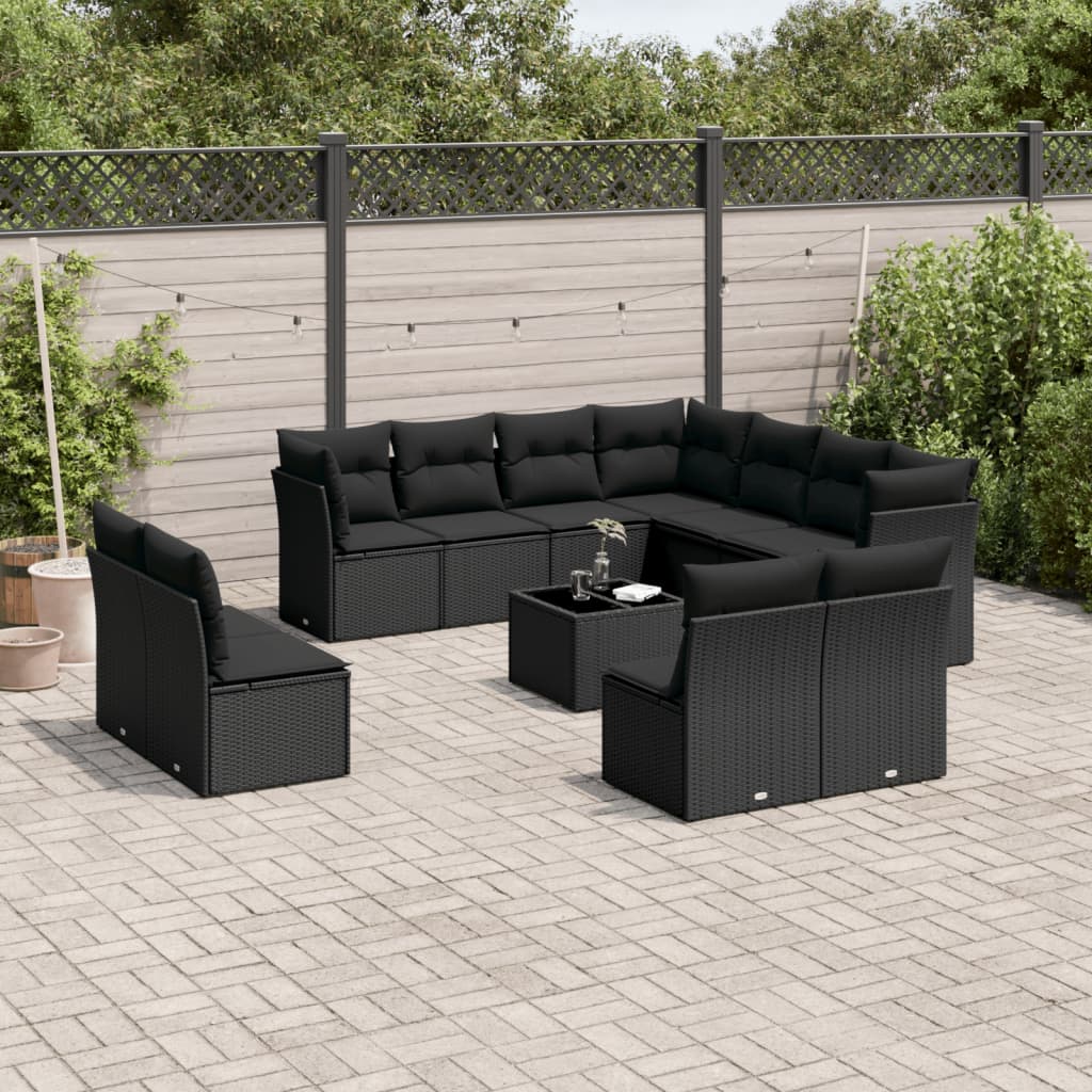 12 Pcs conjunto de sofás de jardim c/ almofadões vime PE preto