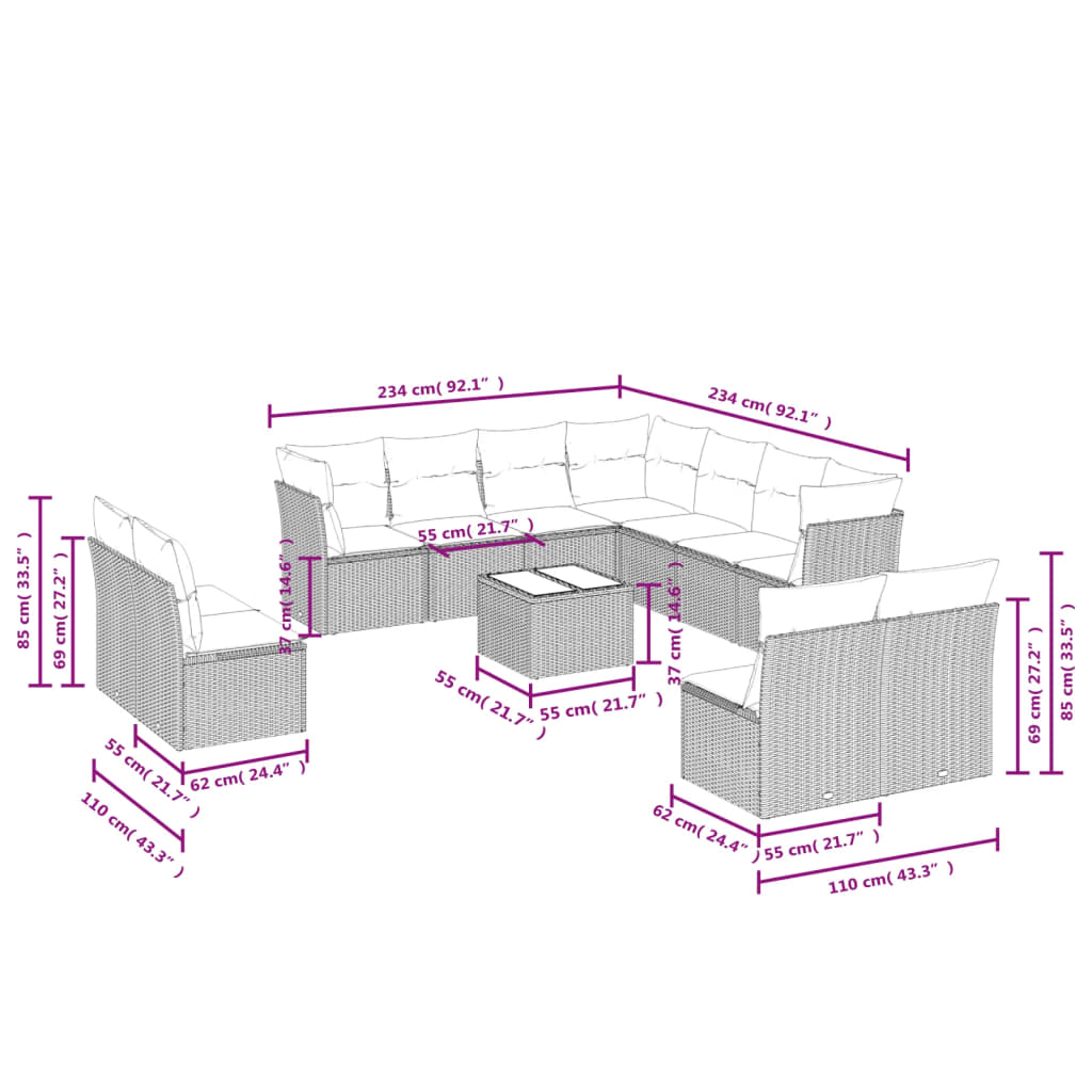 12 Pcs conjunto de sofás de jardim c/ almofadões vime PE preto