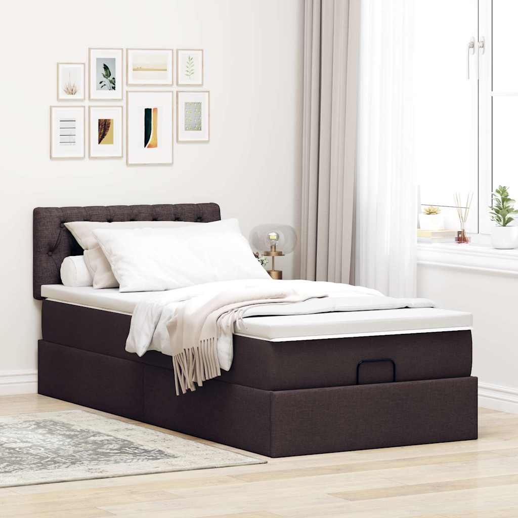 Cama otomana com colchão & leds 90x200cm tecido castanho escuro