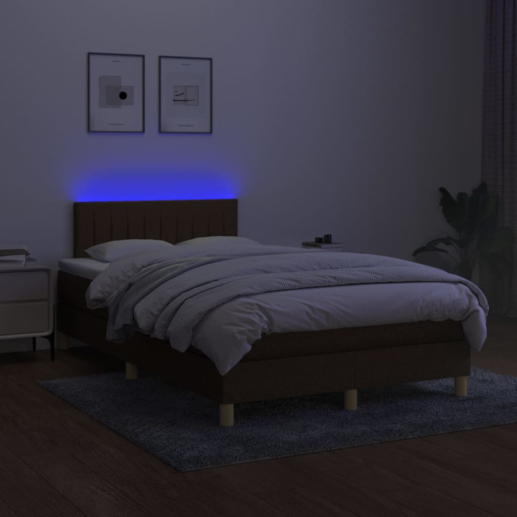 Cama box spring c/ colchão/LED 120x200cm tecido castanho-escuro