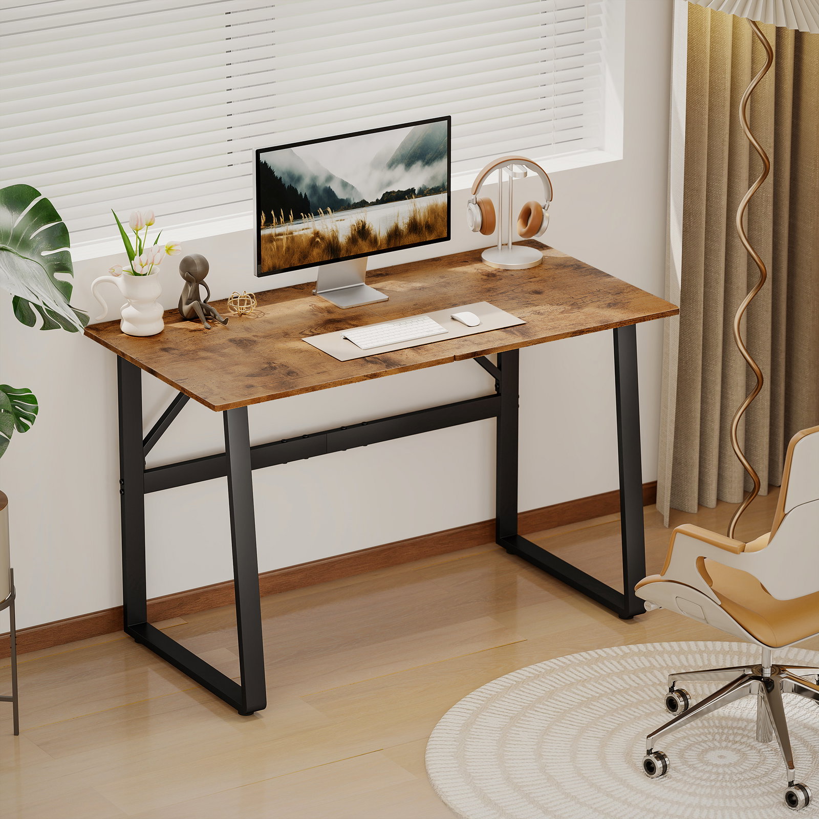 Secretária estilo industrial 120x60x76 cm mesa de computador com estrutura de aço fácil de montar castanho rústico