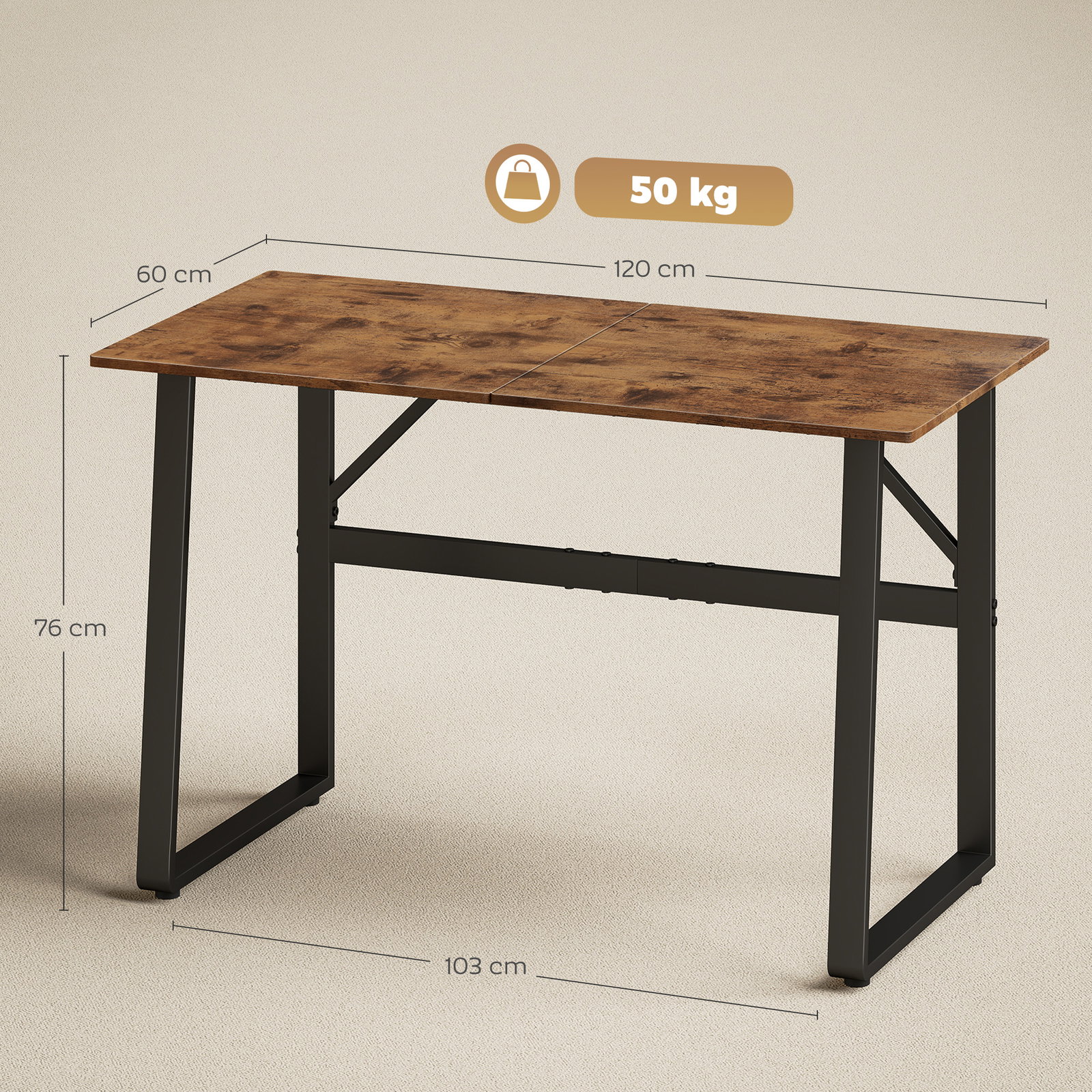 Secretária estilo industrial 120x60x76 cm mesa de computador com estrutura de aço fácil de montar castanho rústico