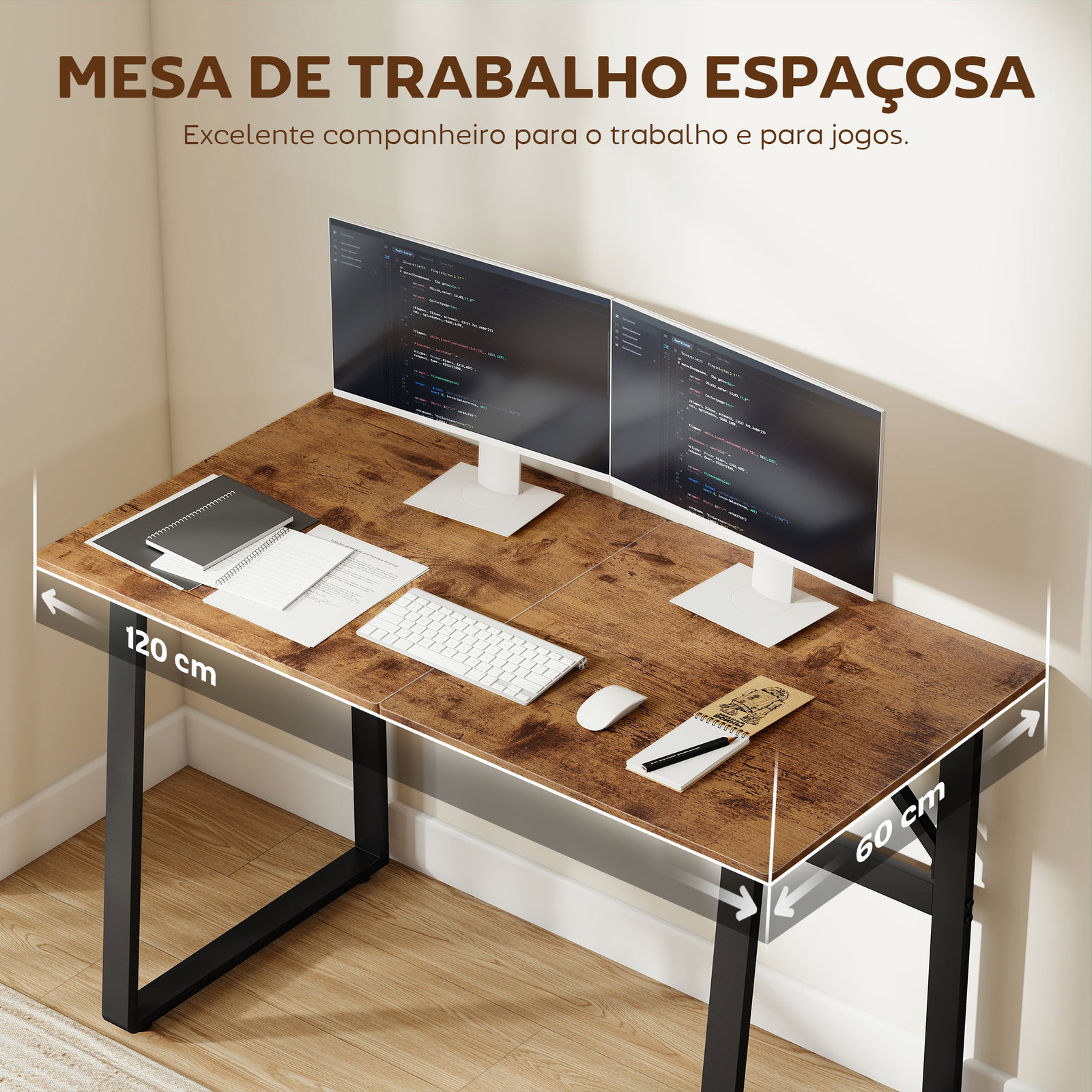 Secretária estilo industrial 120x60x76 cm mesa de computador com estrutura de aço fácil de montar castanho rústico