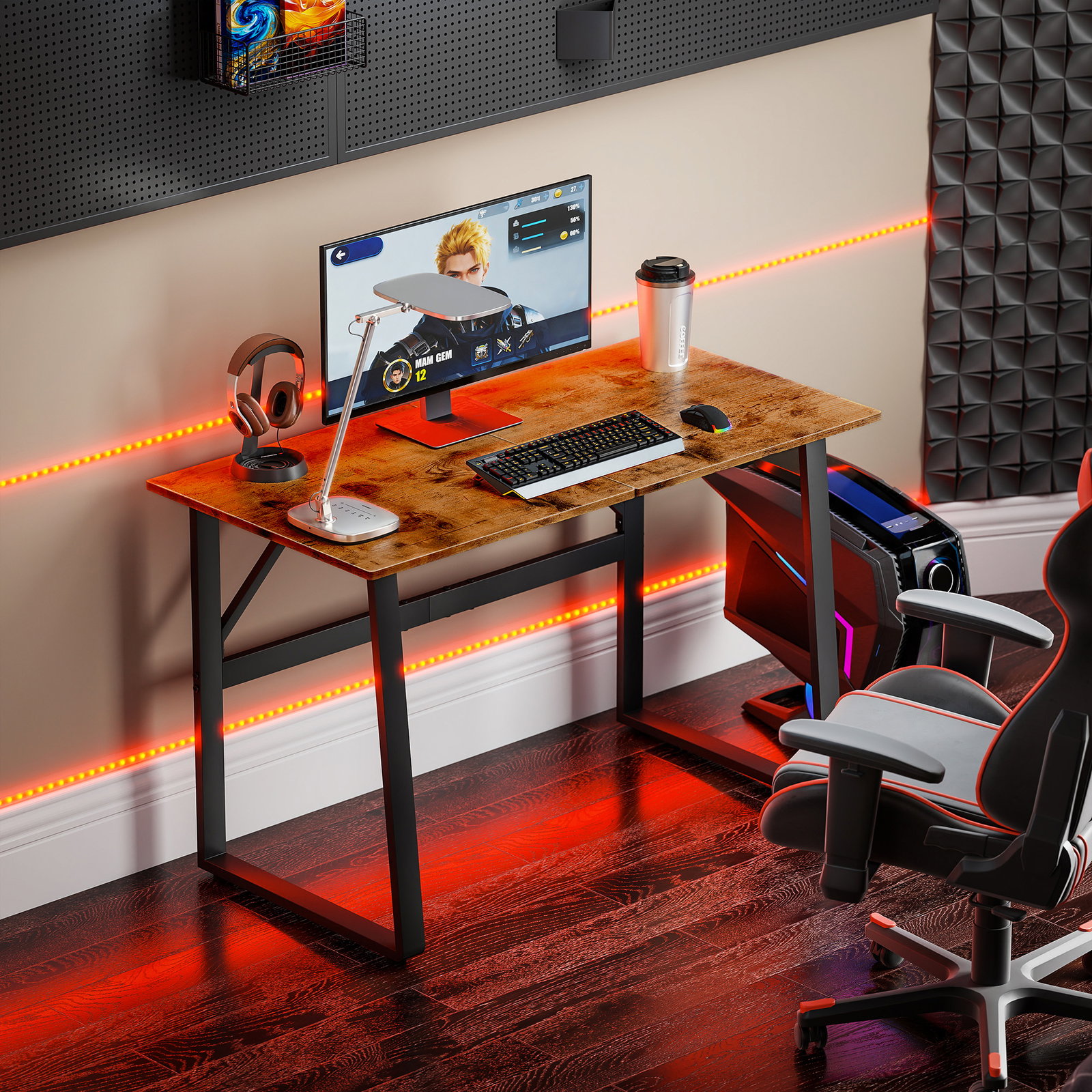 Secretária estilo industrial 120x60x76 cm mesa de computador com estrutura de aço fácil de montar castanho rústico