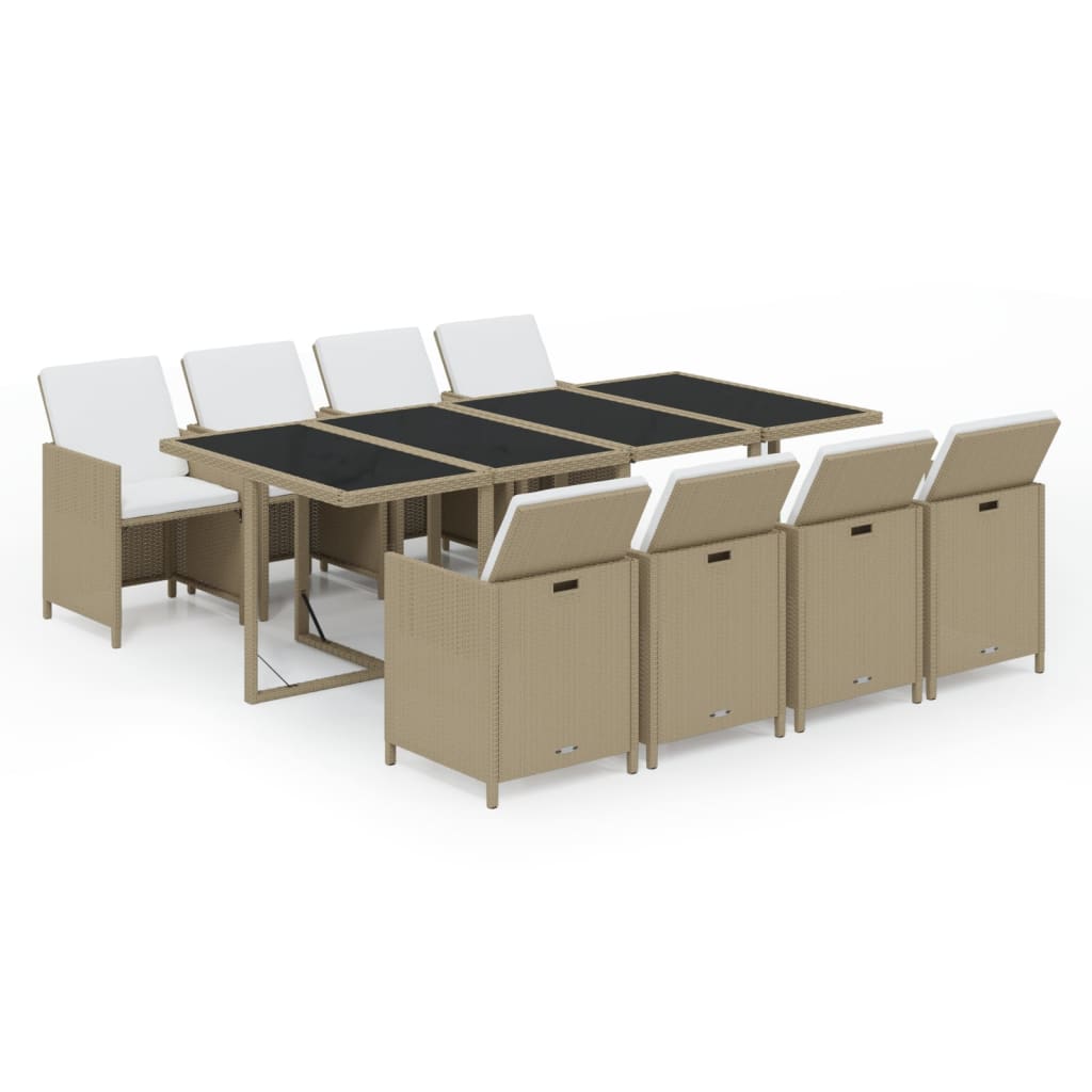 9 Pcs conjunto de jantar p/ jardim com almofadões vime PE bege