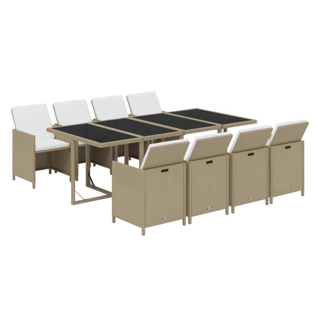 9 Pcs conjunto de jantar p/ jardim com almofadões vime PE bege