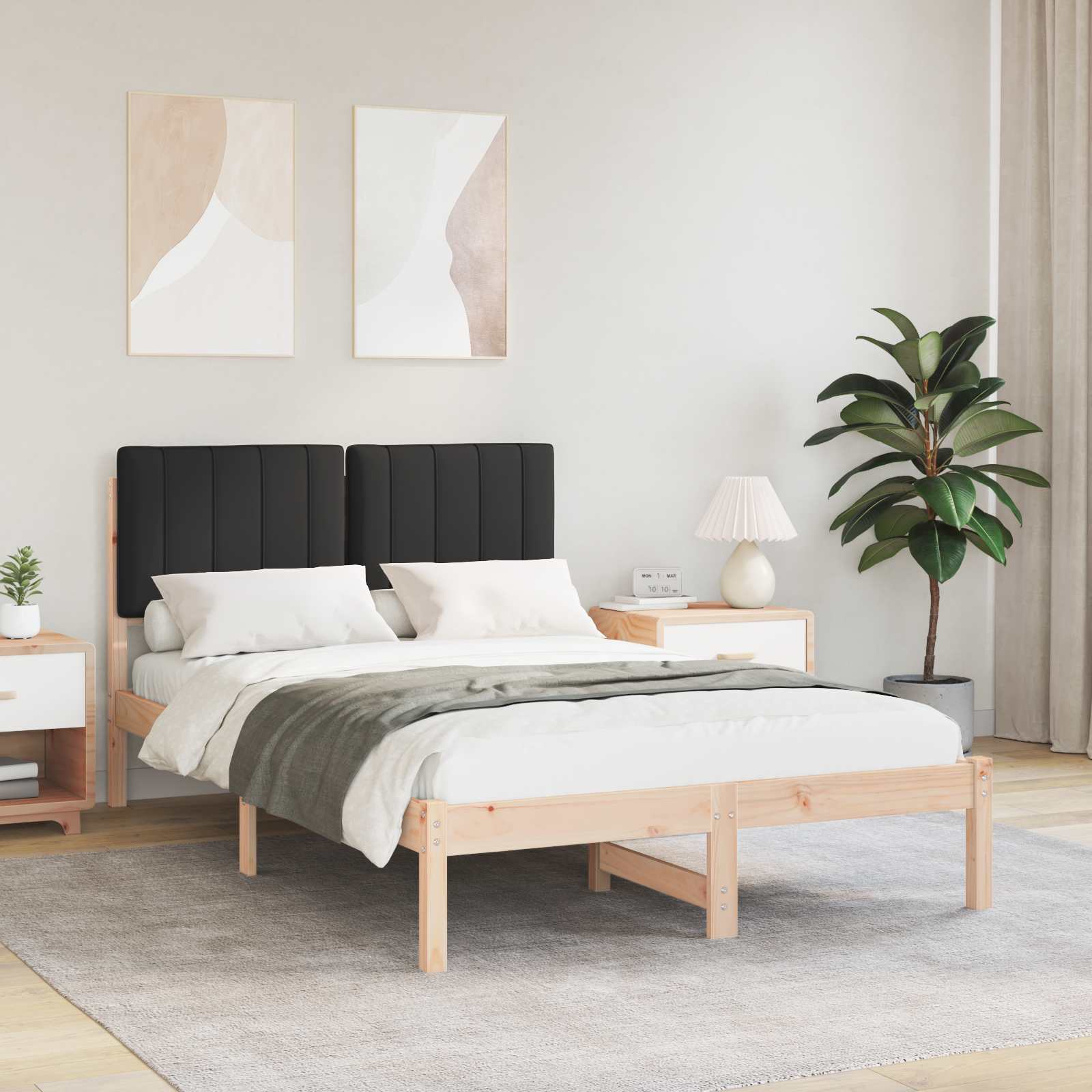 Estrutura de cama com cabeceira estofada natural e preto