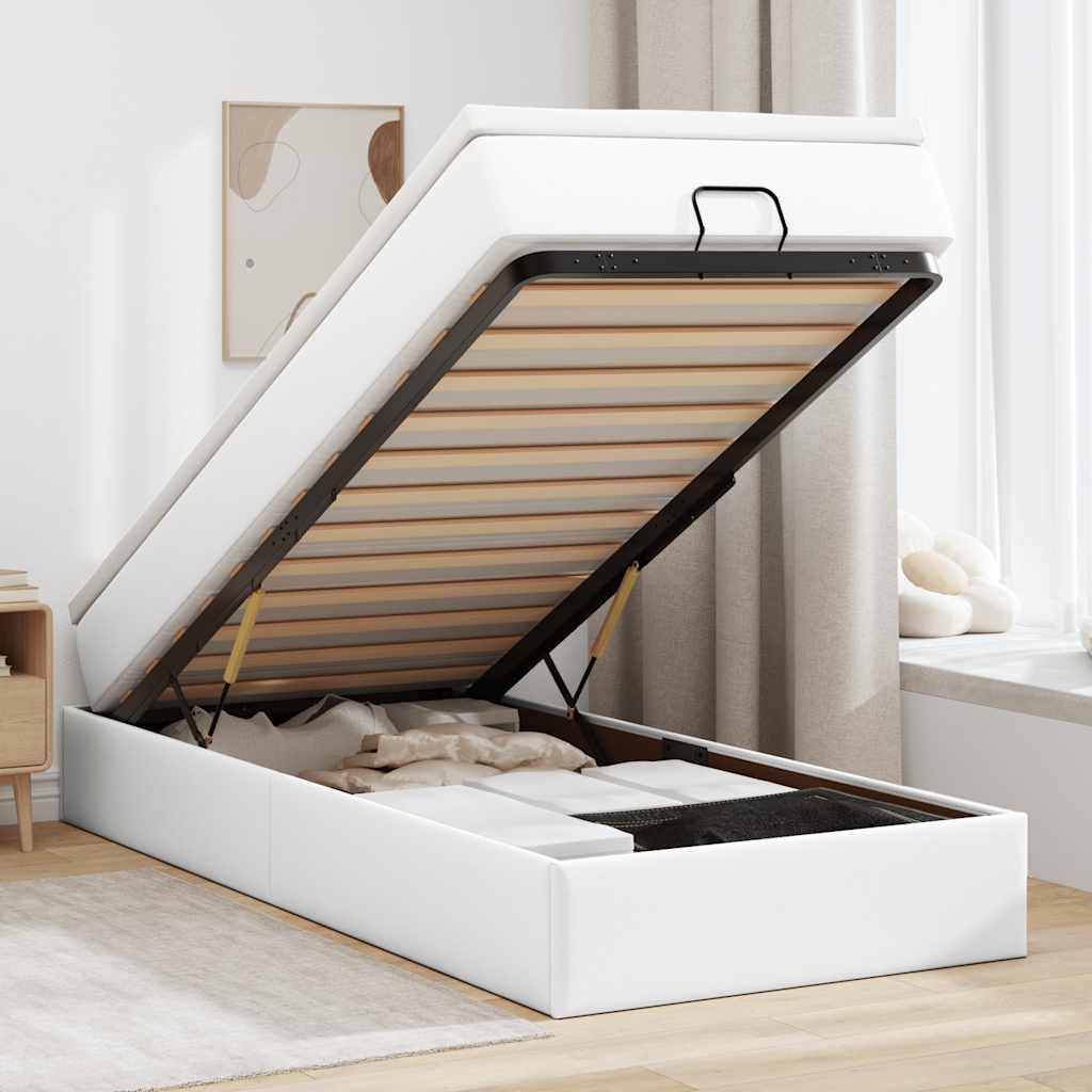 Moldura de cama síriaxl otomana com colchão branco couro falso