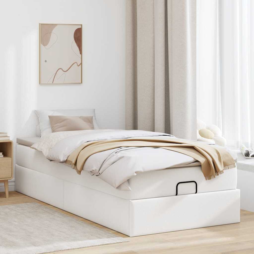 Moldura de cama síriaxl otomana com colchão branco couro falso