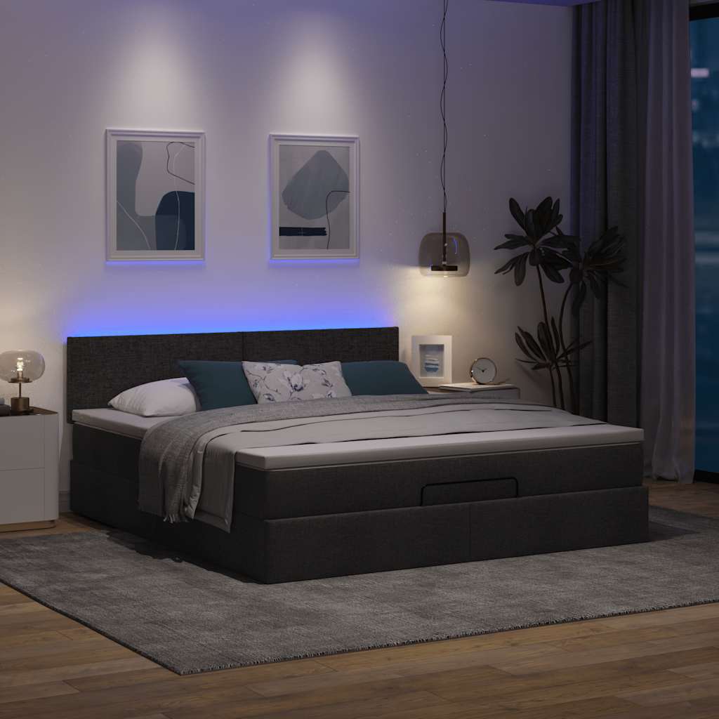Cama otomana com colchão & leds 180x200cm tecido preto