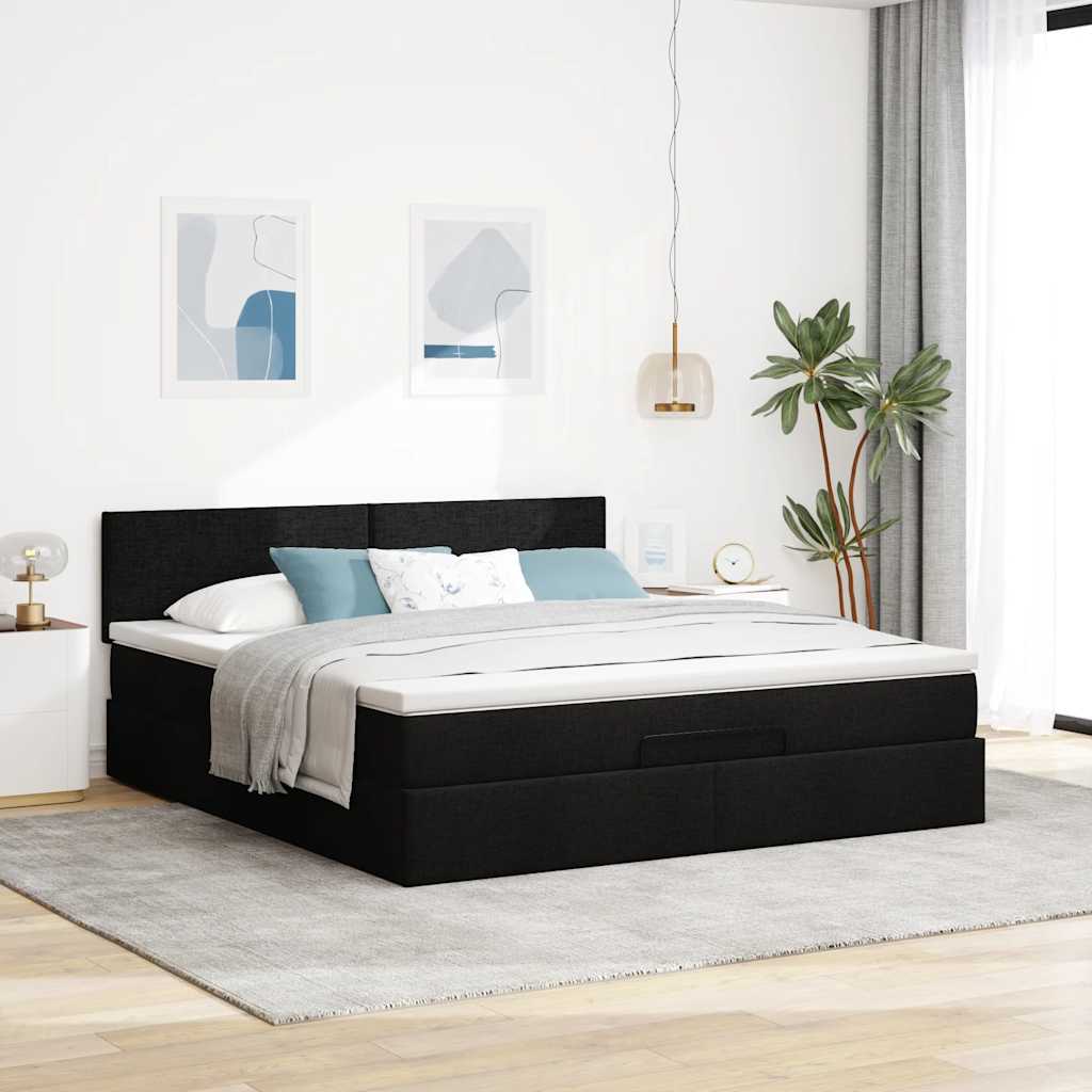 Cama otomana com colchão & leds 180x200cm tecido preto