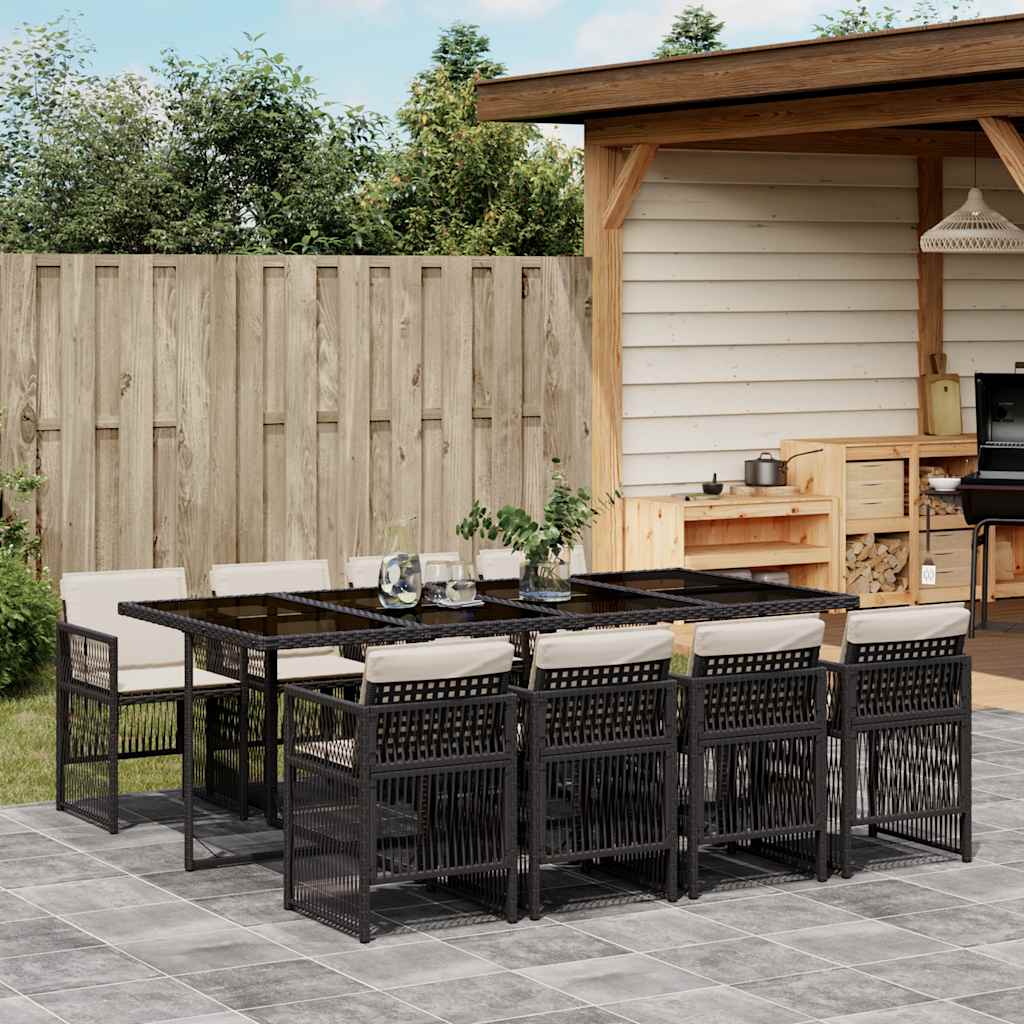9 Pcs conjunto de jantar p/ jardim c/ almofadões vime PE preto