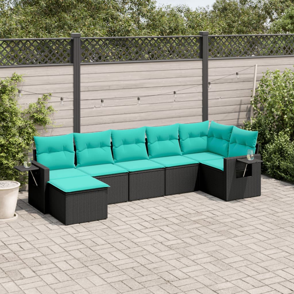 Conjunto de sofá de jardim com 7 peças e almofadas em rattan sintético preto