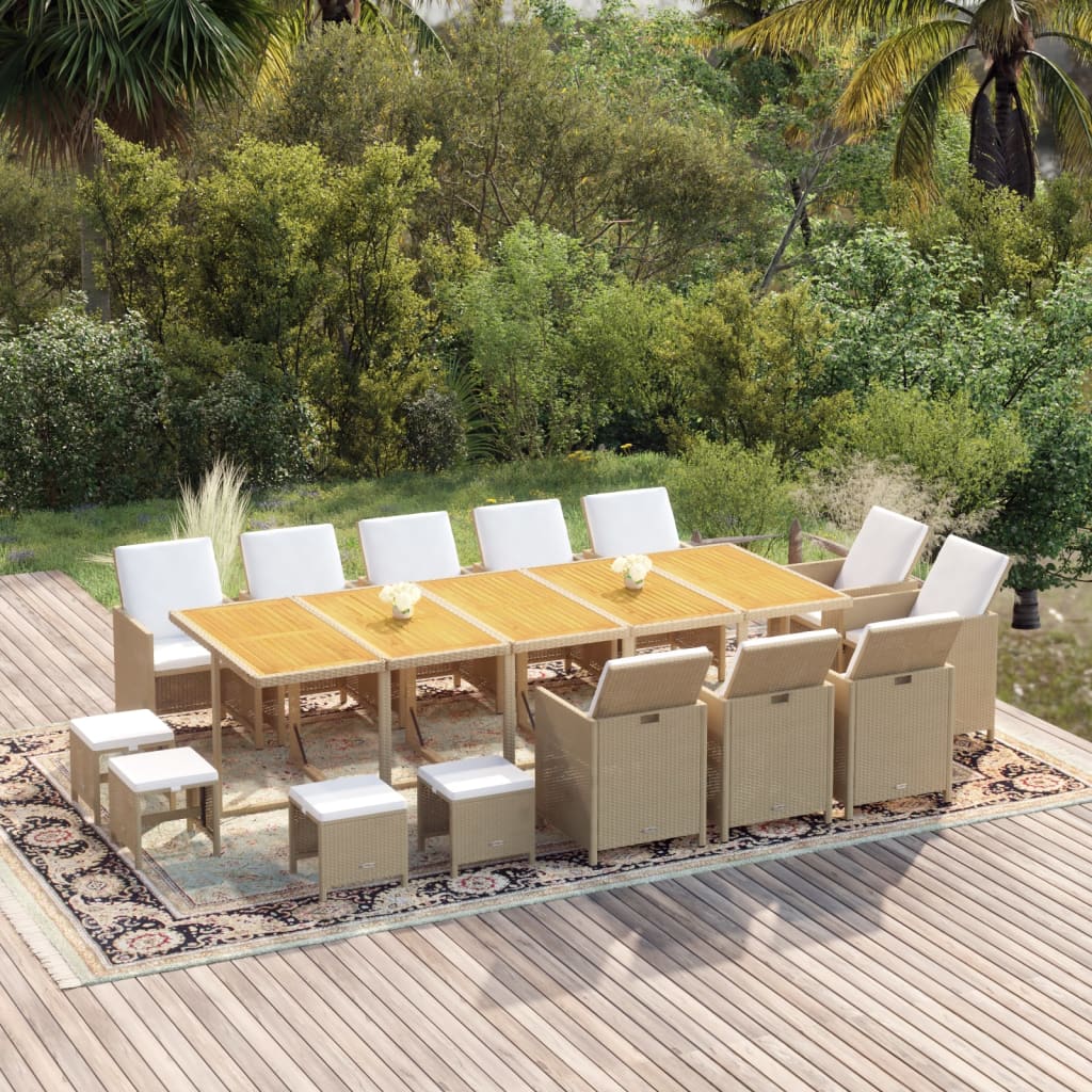 15 Pcs conjunto jantar p/ jardim c/ almofadões vime PE bege