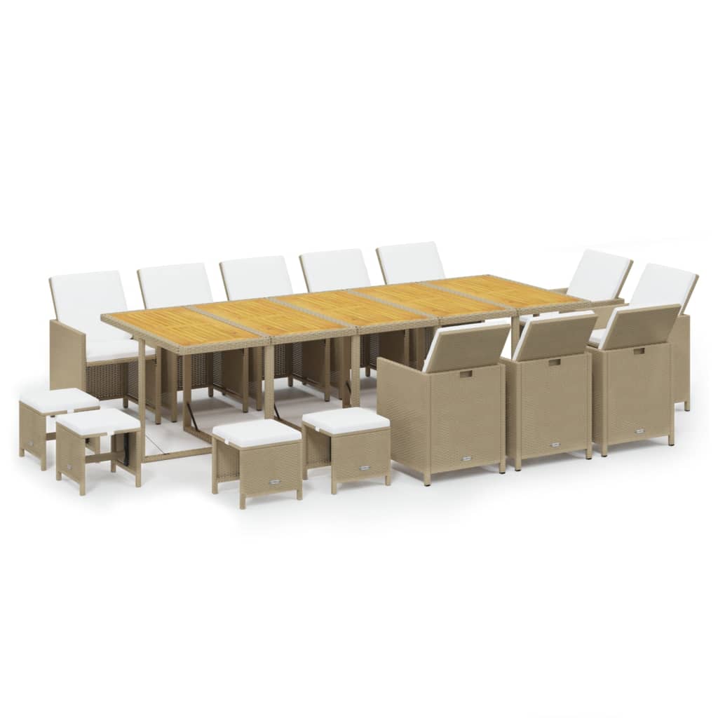 15 Pcs conjunto jantar p/ jardim c/ almofadões vime PE bege