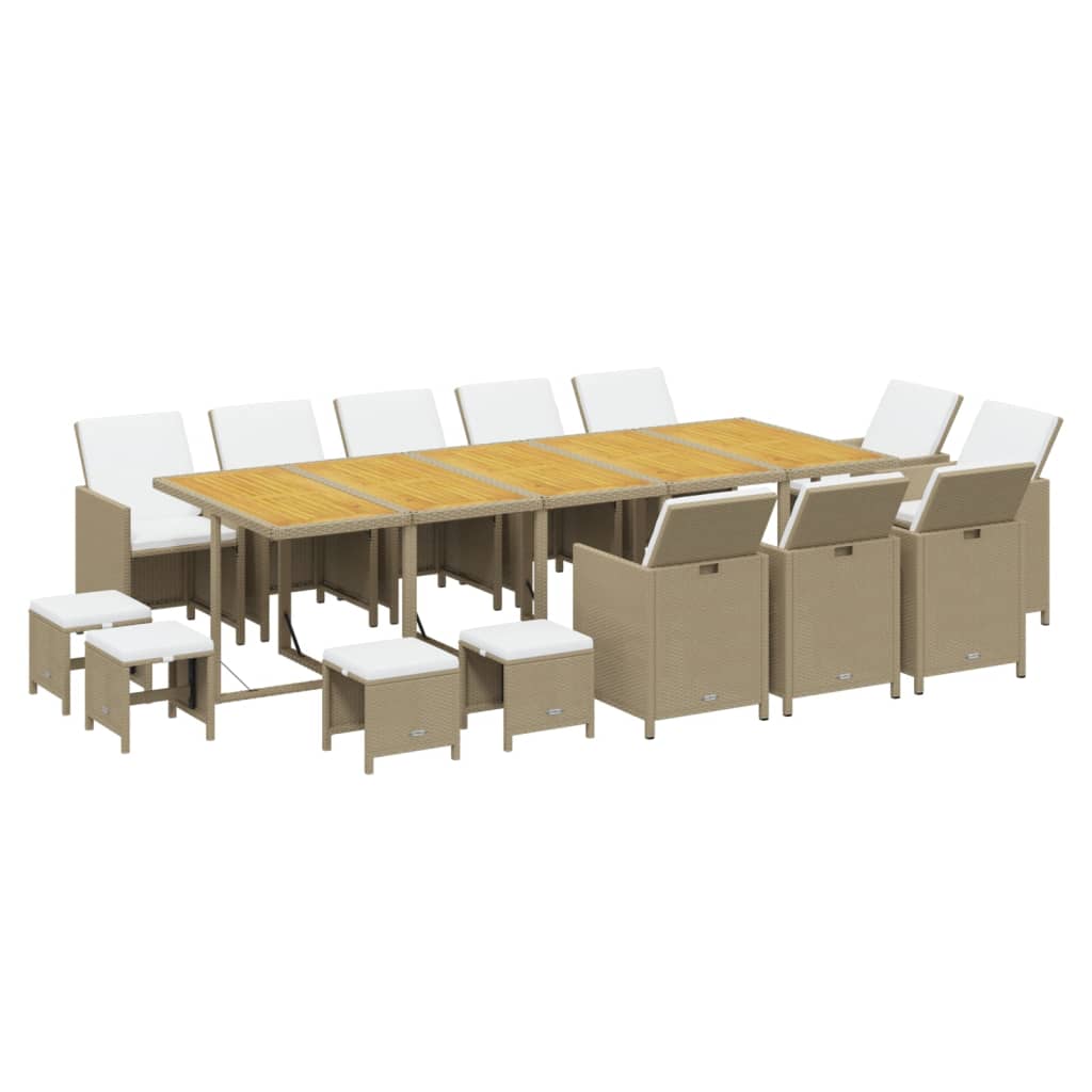15 Pcs conjunto jantar p/ jardim c/ almofadões vime PE bege