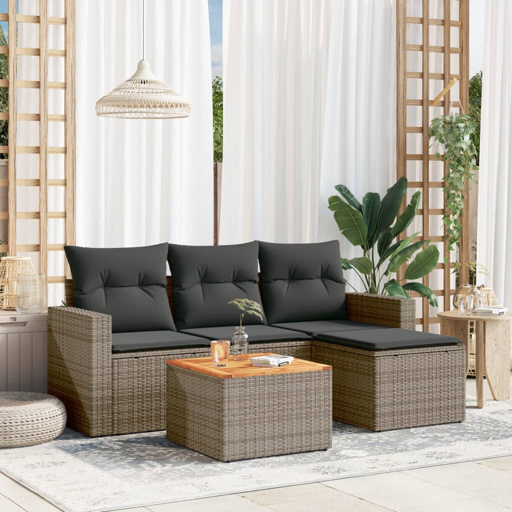 5 Pcs conjunto sofás de jardim c/ almofadões vime PE cinzento