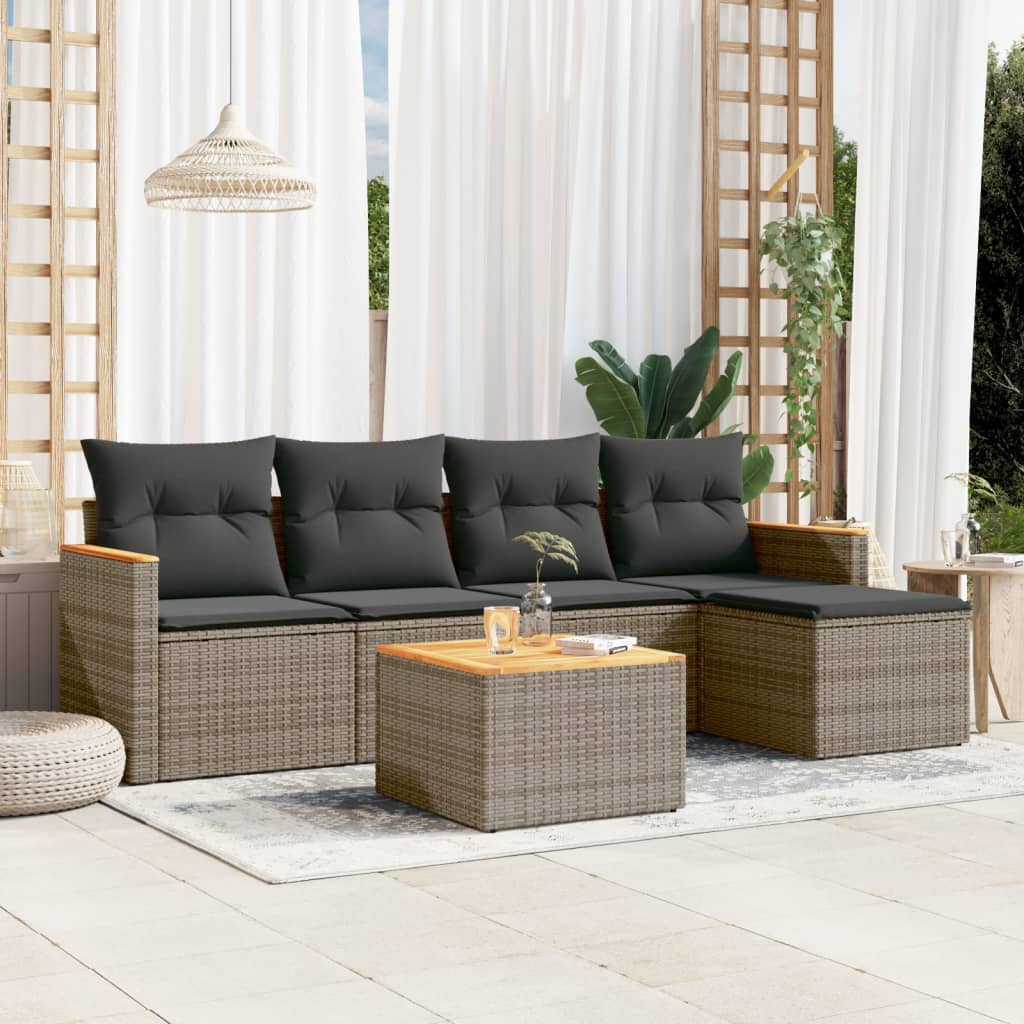 6 Pcs conjunto sofás de jardim com almofadões vime cinzento