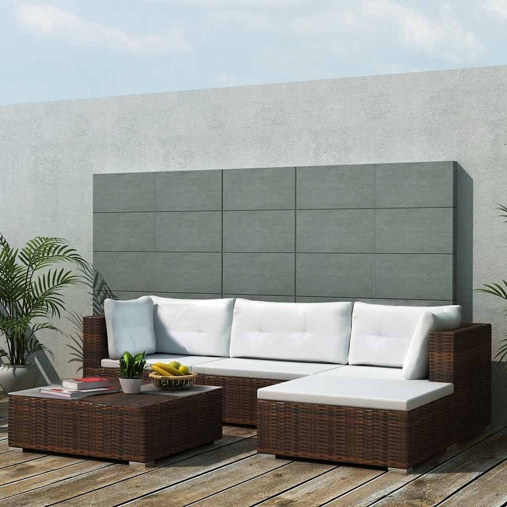5 Pcs conjunto lounge jardim c/ almofadões vime PE castanho