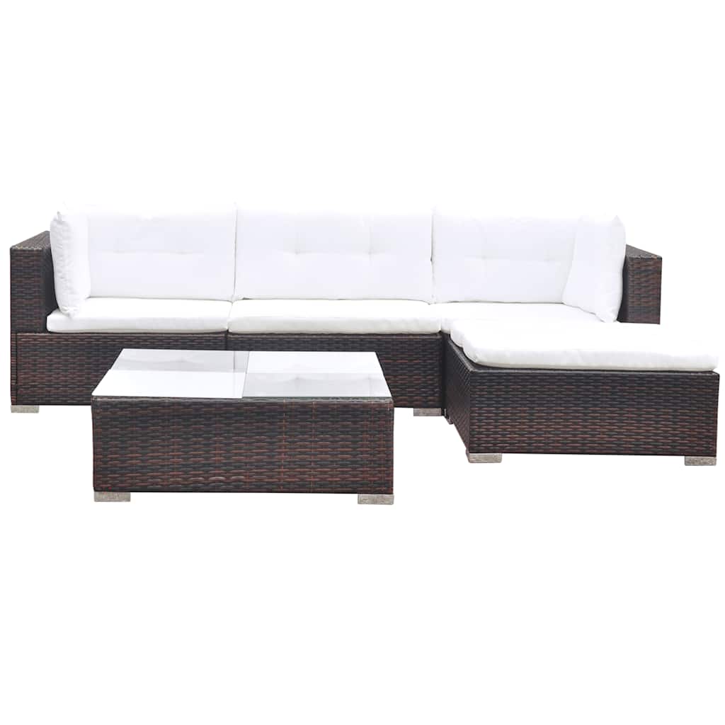 5 Pcs conjunto lounge jardim c/ almofadões vime PE castanho