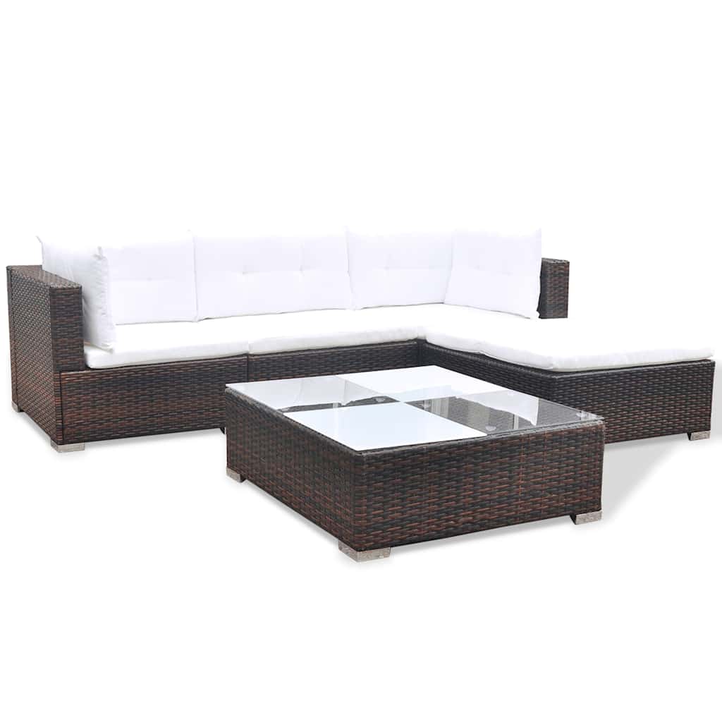 5 Pcs conjunto lounge jardim c/ almofadões vime PE castanho