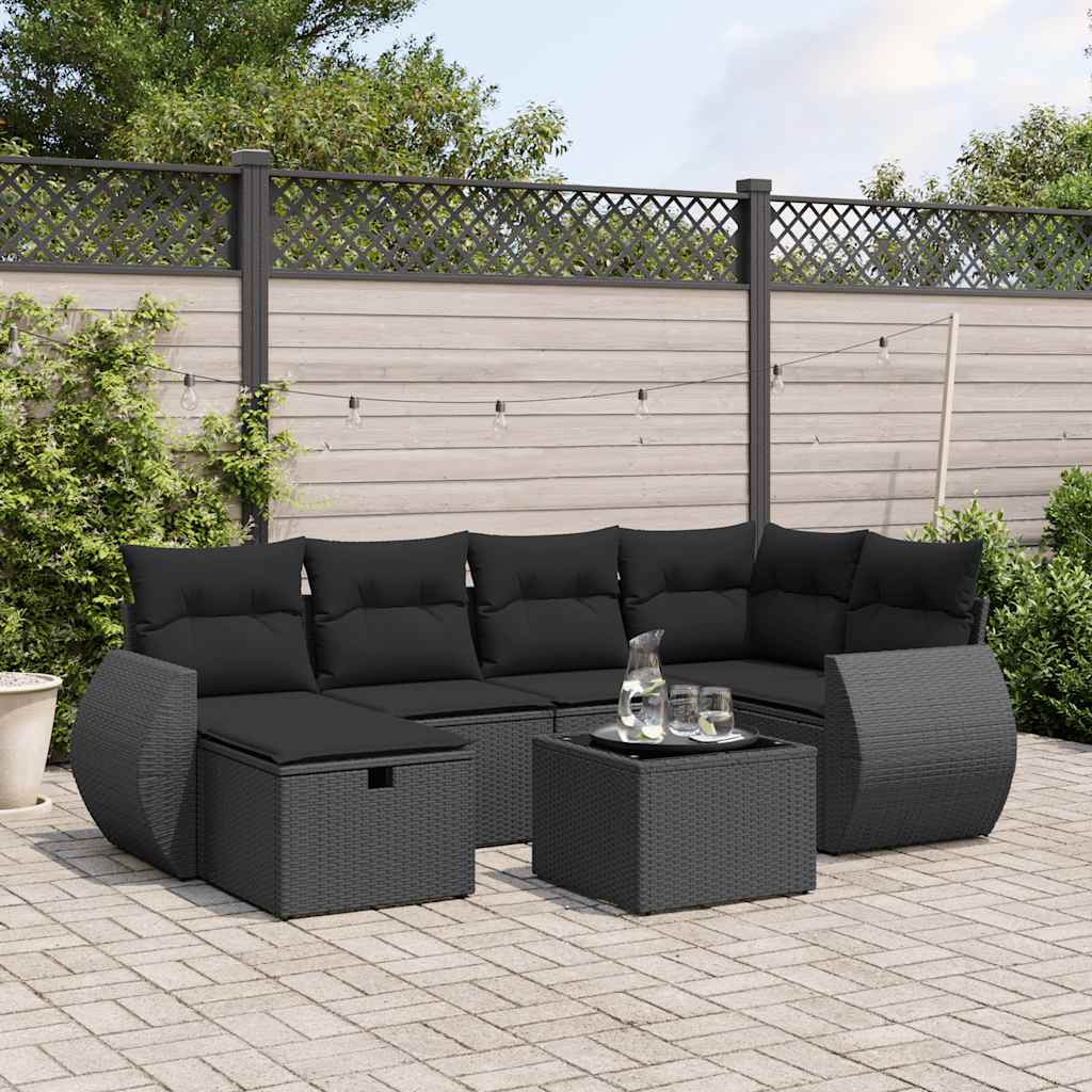 7 Pcs conjunto de sofás p/ jardim c/ almofadões vime PE preto
